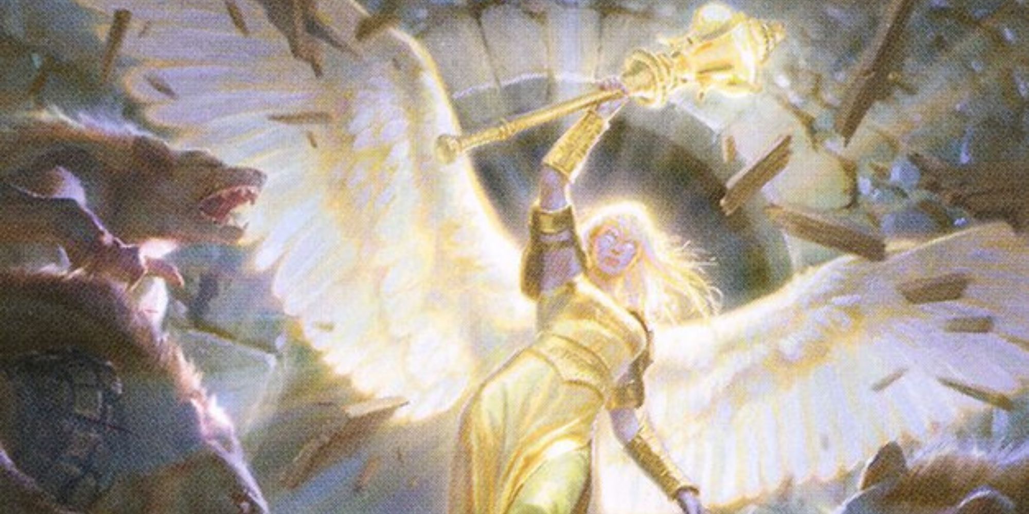 An angelic character giving off golden light and holding a mace