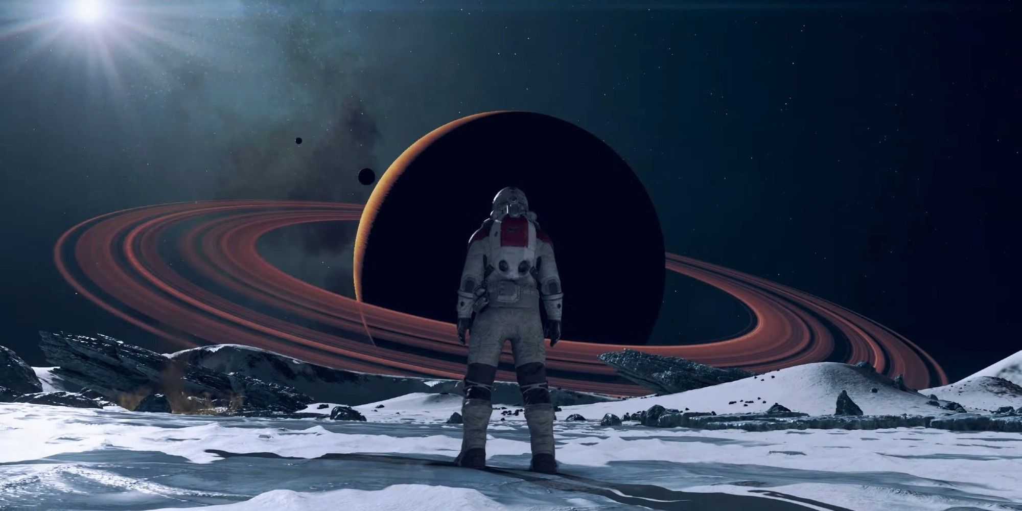 Player stands and looks at a planet from the moon