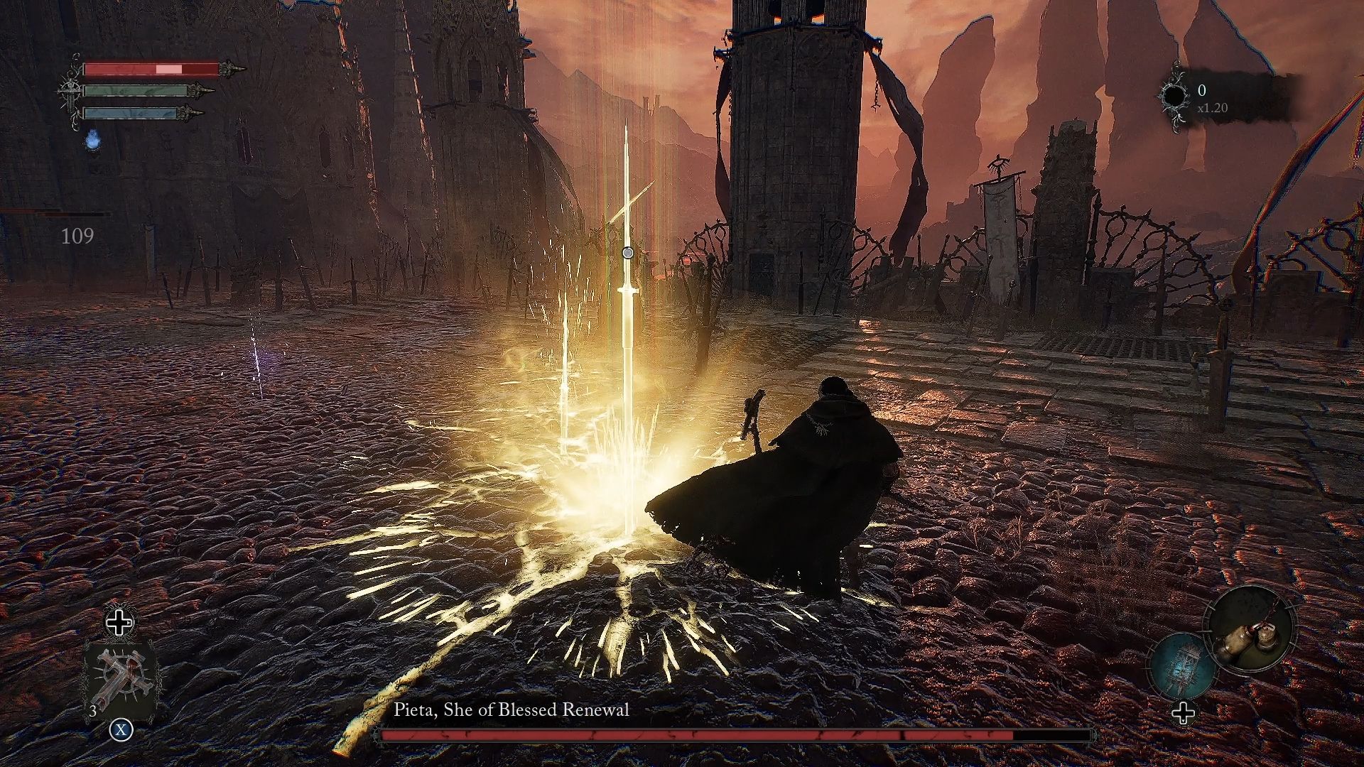 Player dodging Pieta holy swords attack Lords of the Fallen