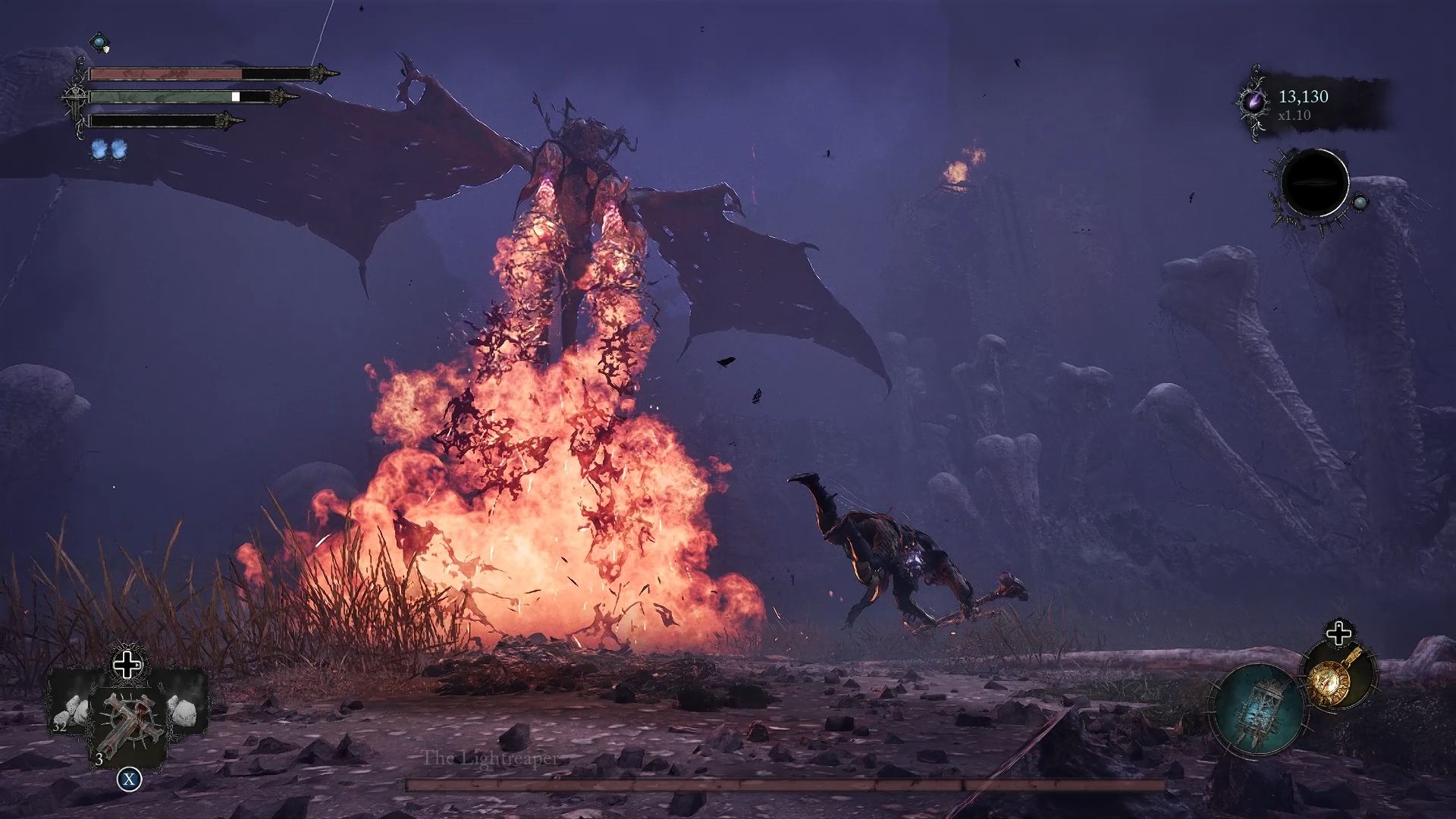 Player dodging the dragon fire from the Lightreaper boss fight Lords of the Fallen