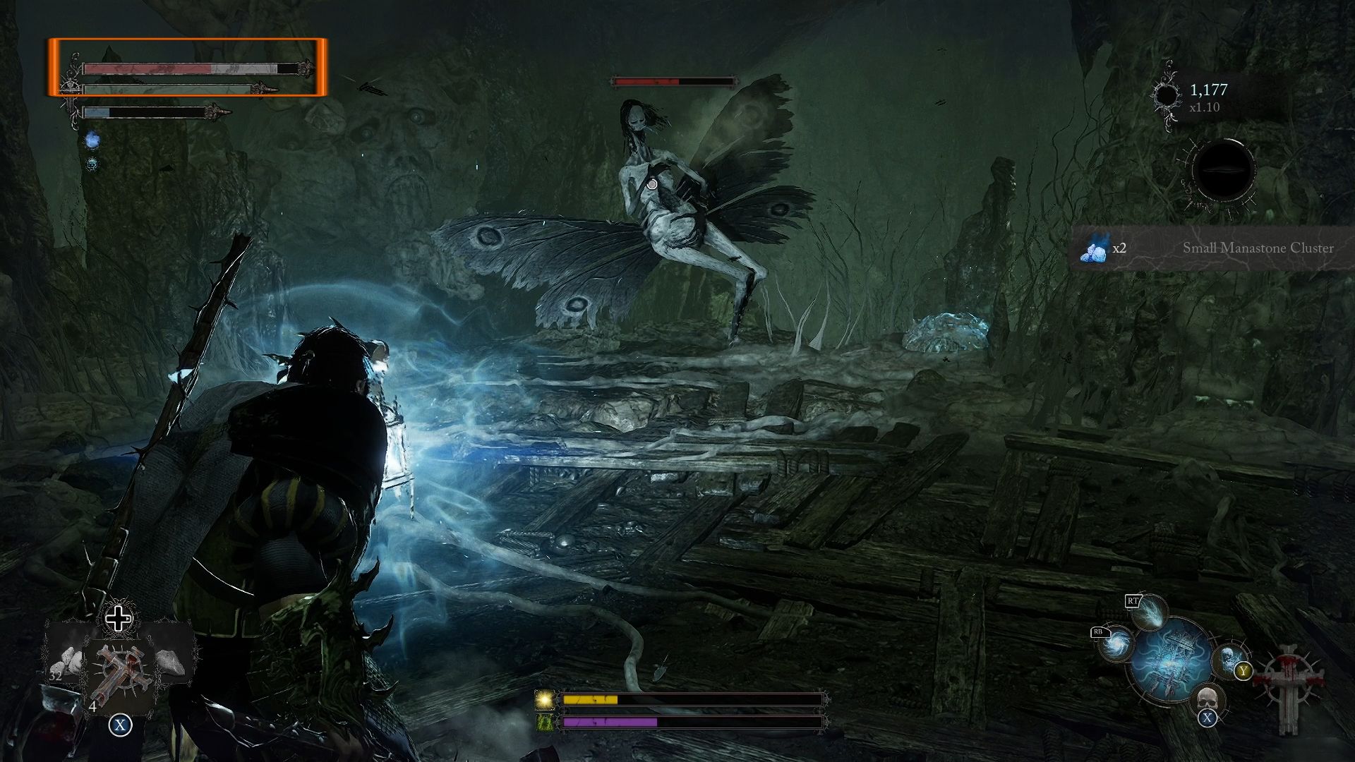 Player flashing Umbral Lamp on an enemy, and a box outlining the health bar with Withered Health Lords of the Fallen