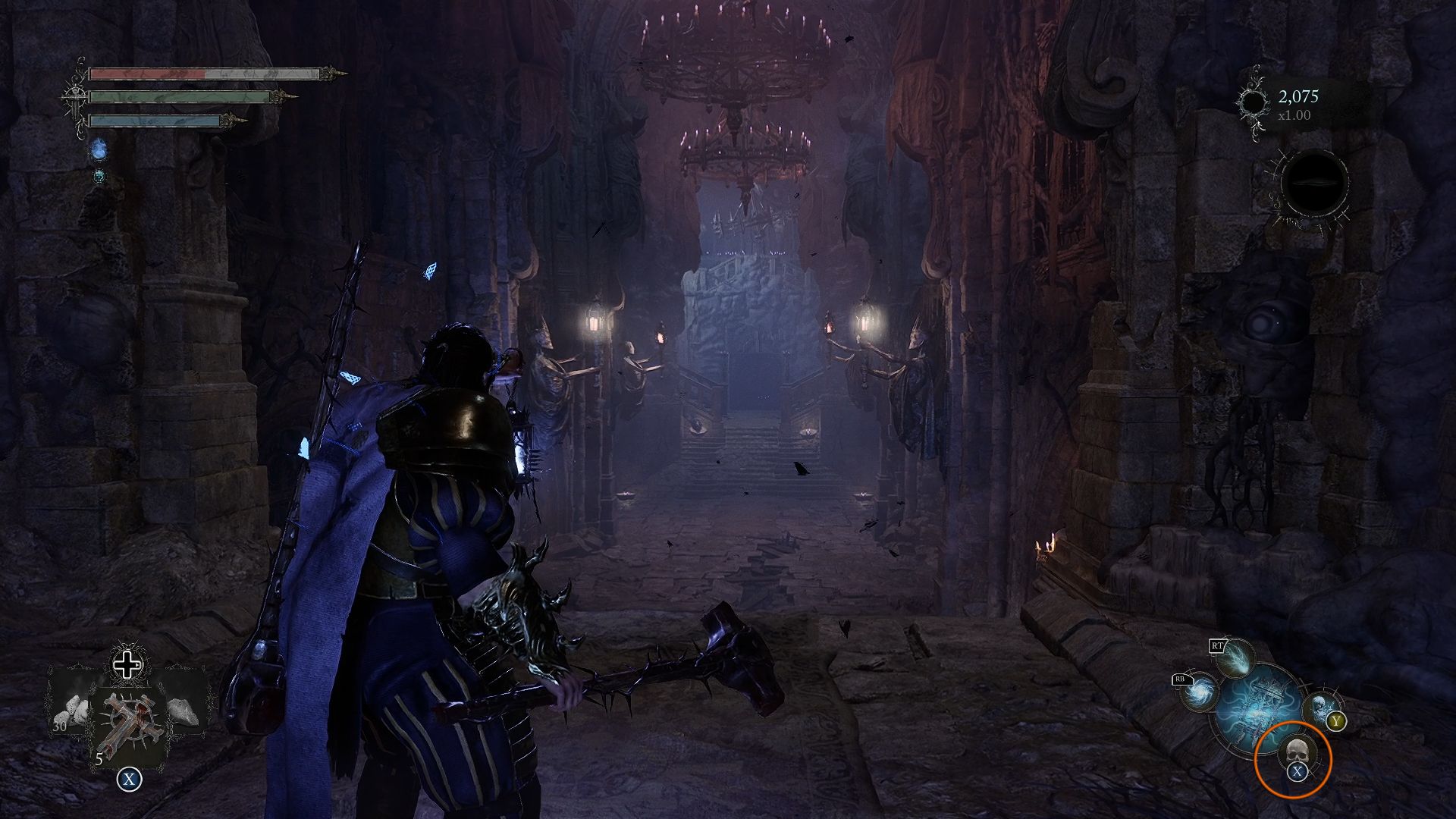 Player holding the lamp, and a circle indicating the icon that let you enter Umbral Lords of the Fallen