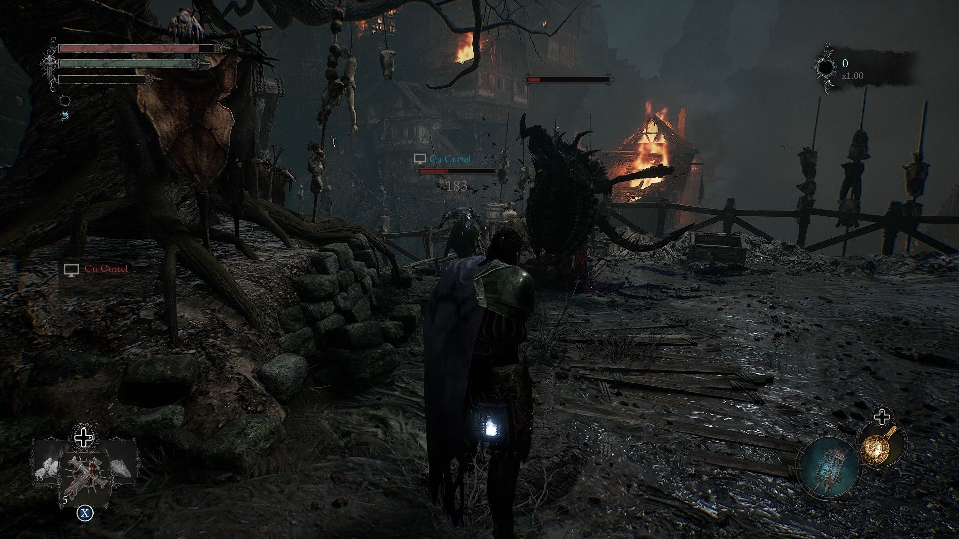 Player in an online session with another lampbearer fighting an enemy in lords of the fallen