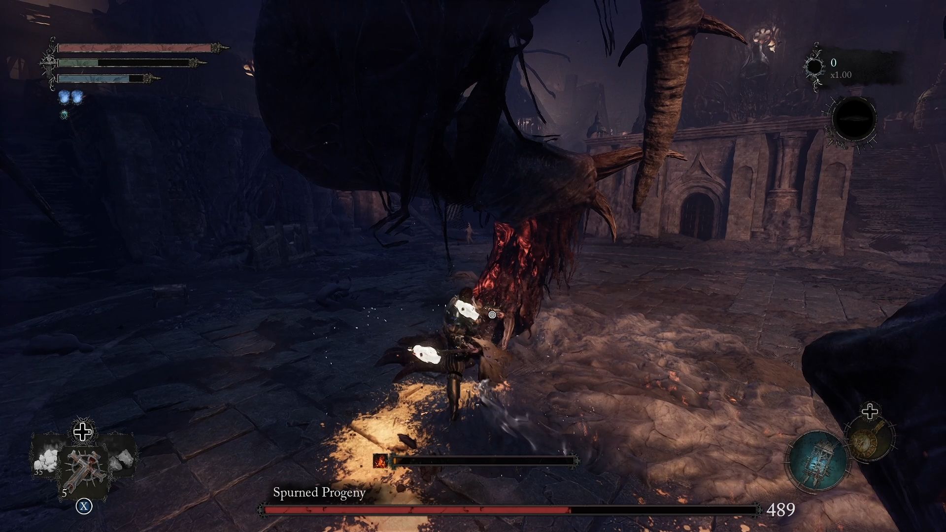 Player is attacking the right foot of The Spurned Progeny Lords of the Fallen