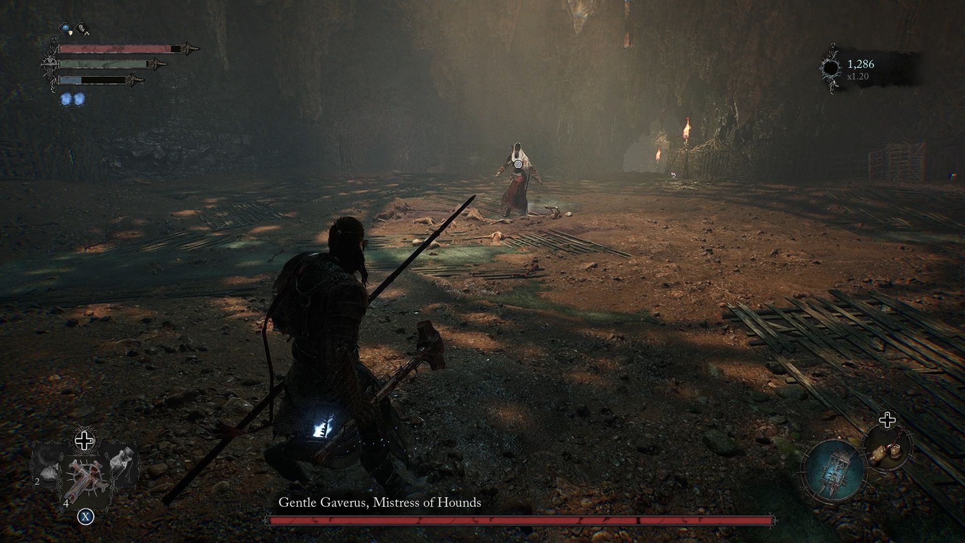 Player is on a distance from Gentle Gaverus, Mistress Of Hounds Lords of the Fallen