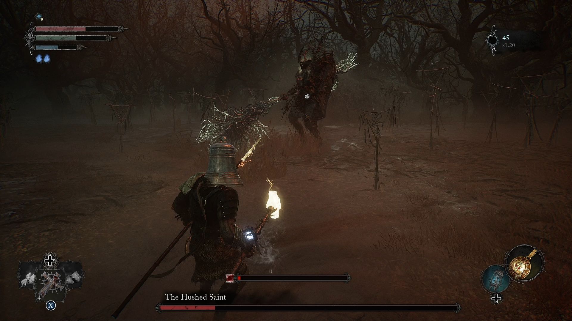 Player is stepping back to make some distance from the Hushed Saint Lords of the Fallen