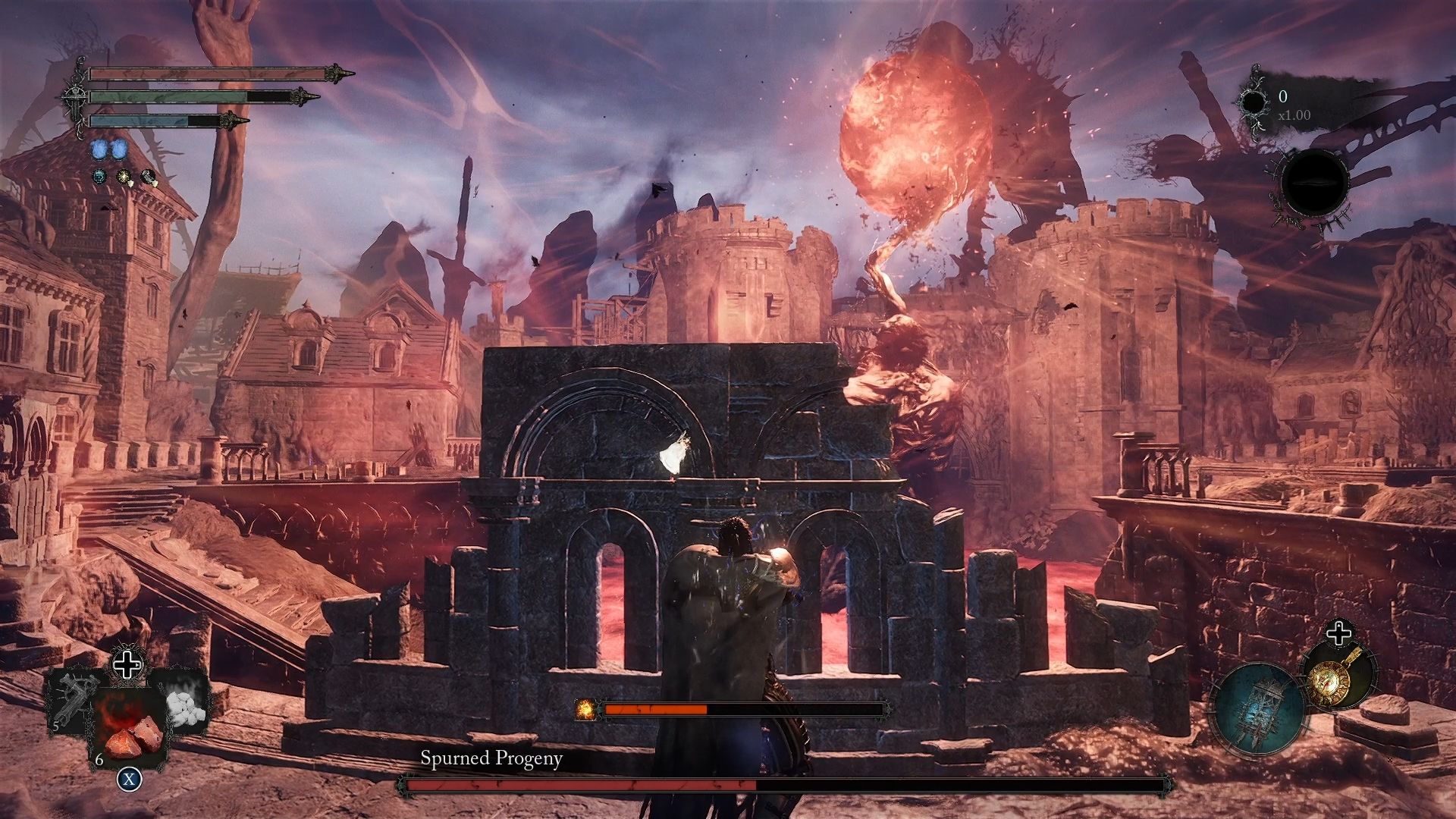 Player is taking cover behind a wall to avoid The Spurned Progeny deadly attack in his second phase Lords of the Fallen