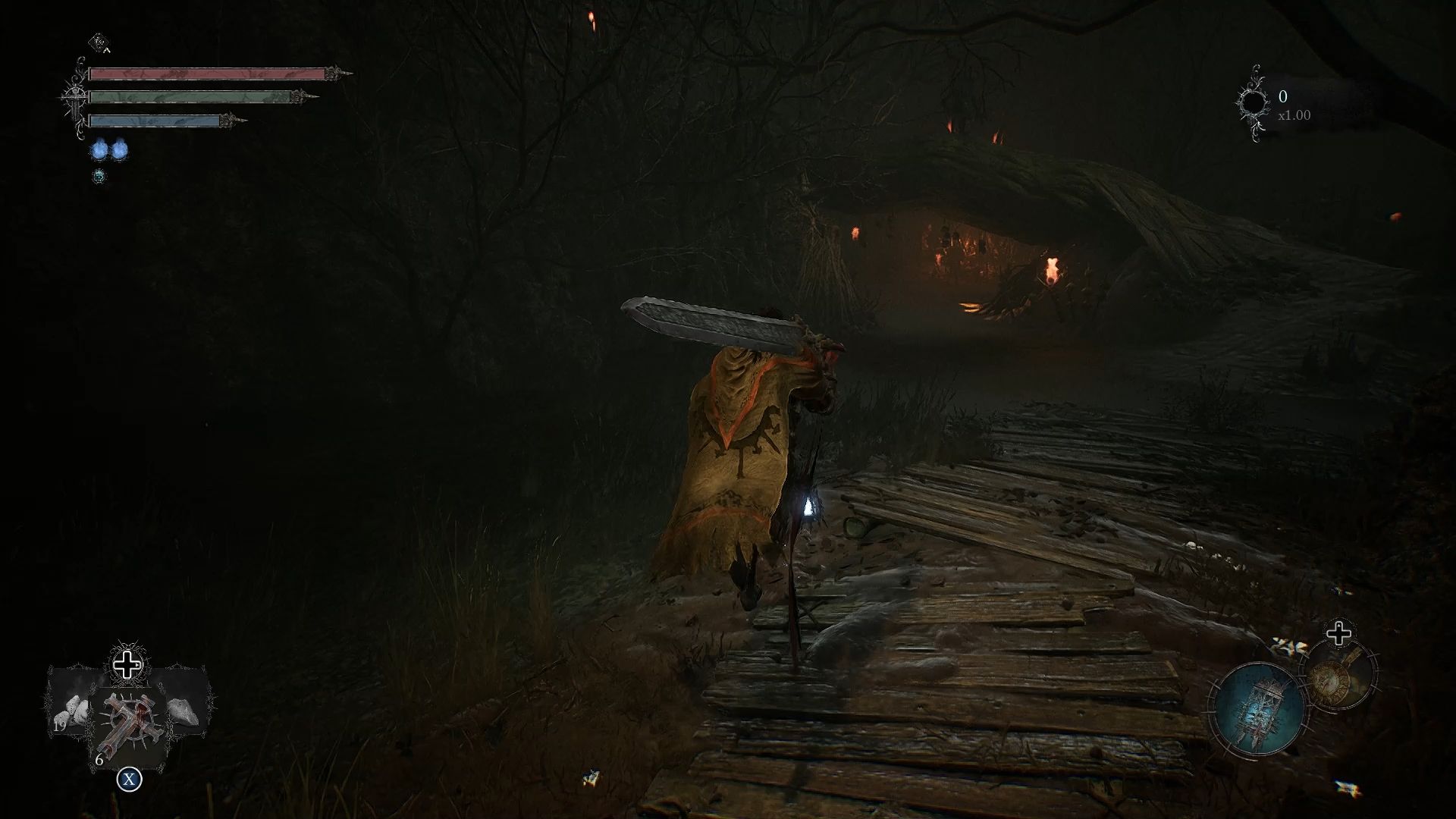 Player making his way under the branch road to get to the Petrified Woman in Lords of the Fallen