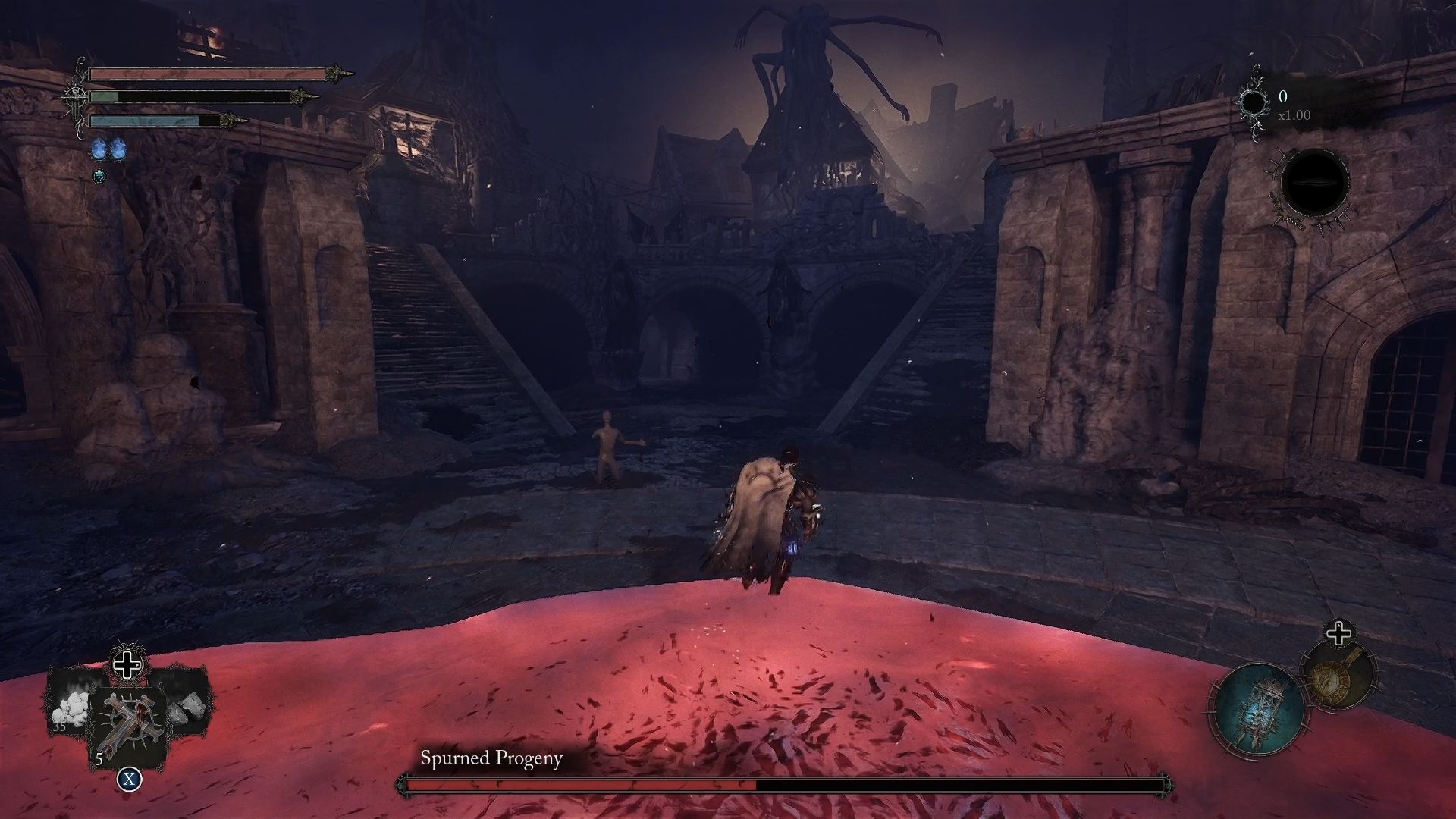 Player rushing toward the stairs in front of him as The Spurned Progeny fills the floor with lava entering his second phase Lords of the Fallen