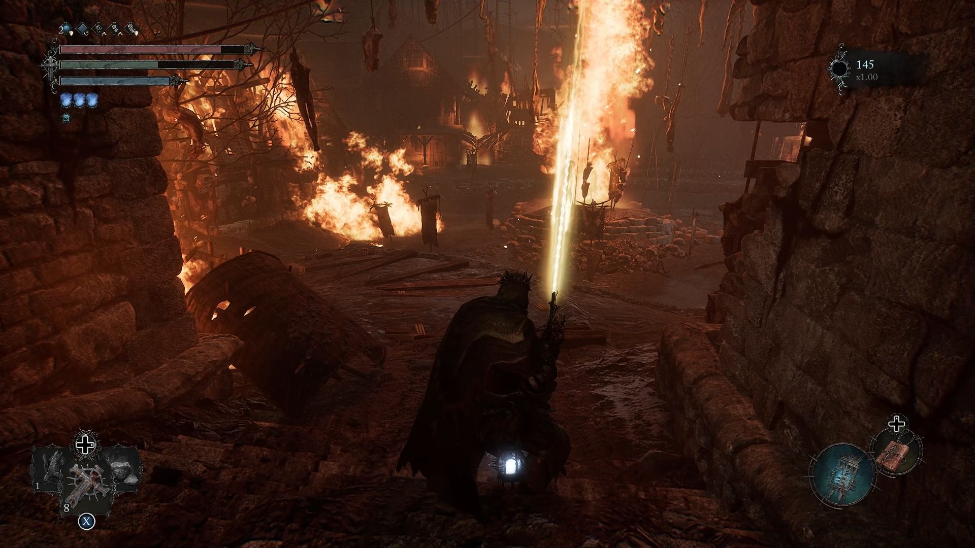Player standing at a large area with fire blazing all around Lords of the Fallen