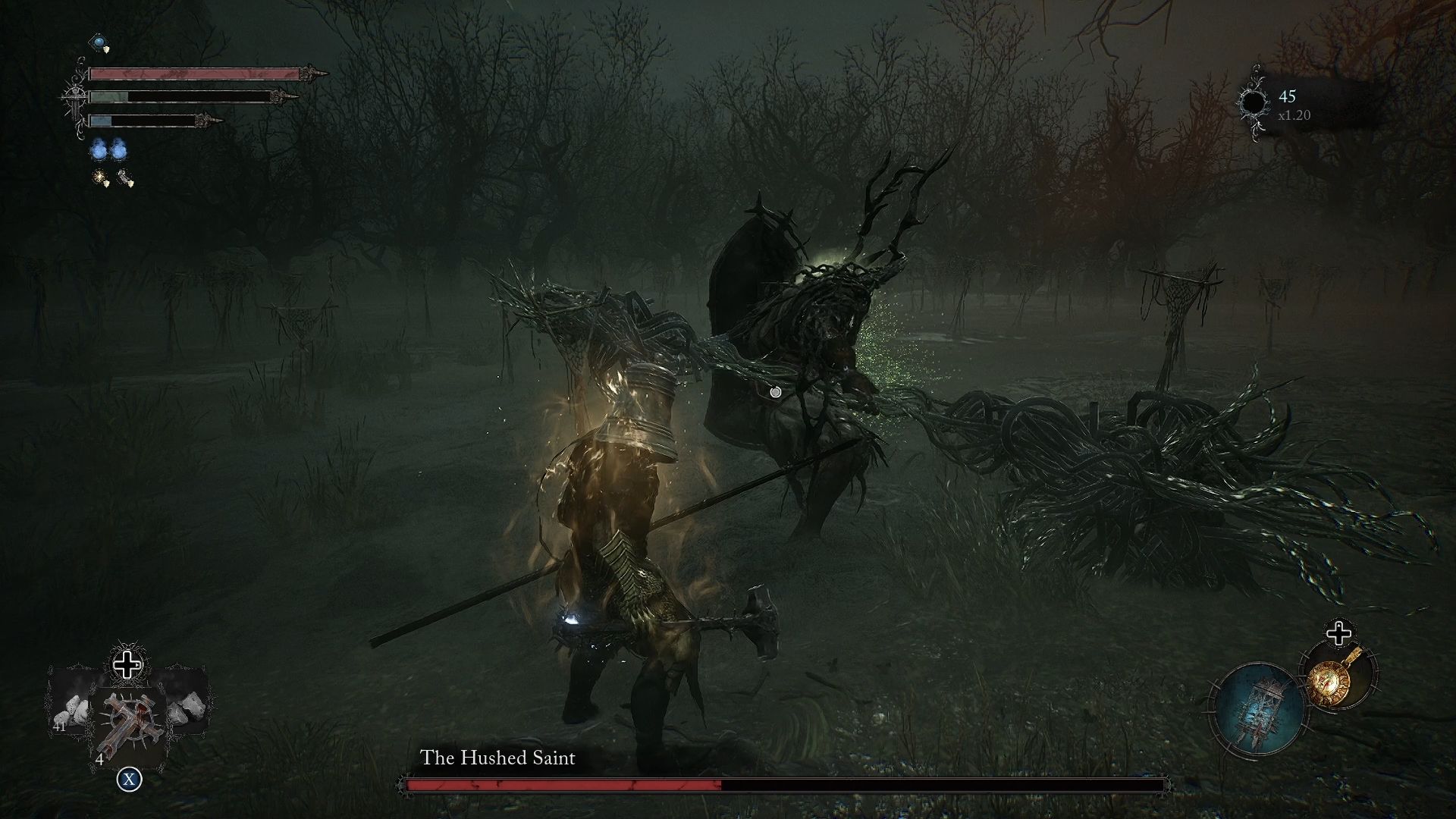 Player standing behind the Hushed Saint as he enters his second phase Lords of the Fallen