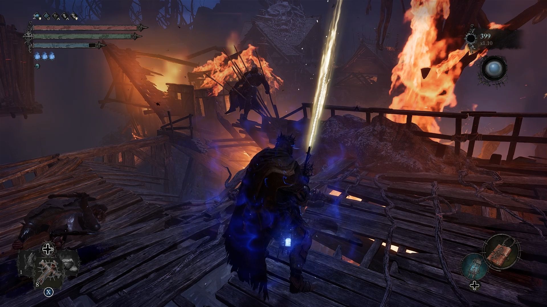 Player standing in front of a corpse hanging on some spears that contains the Ravager Gregory's Rosary Lords of the Fallen