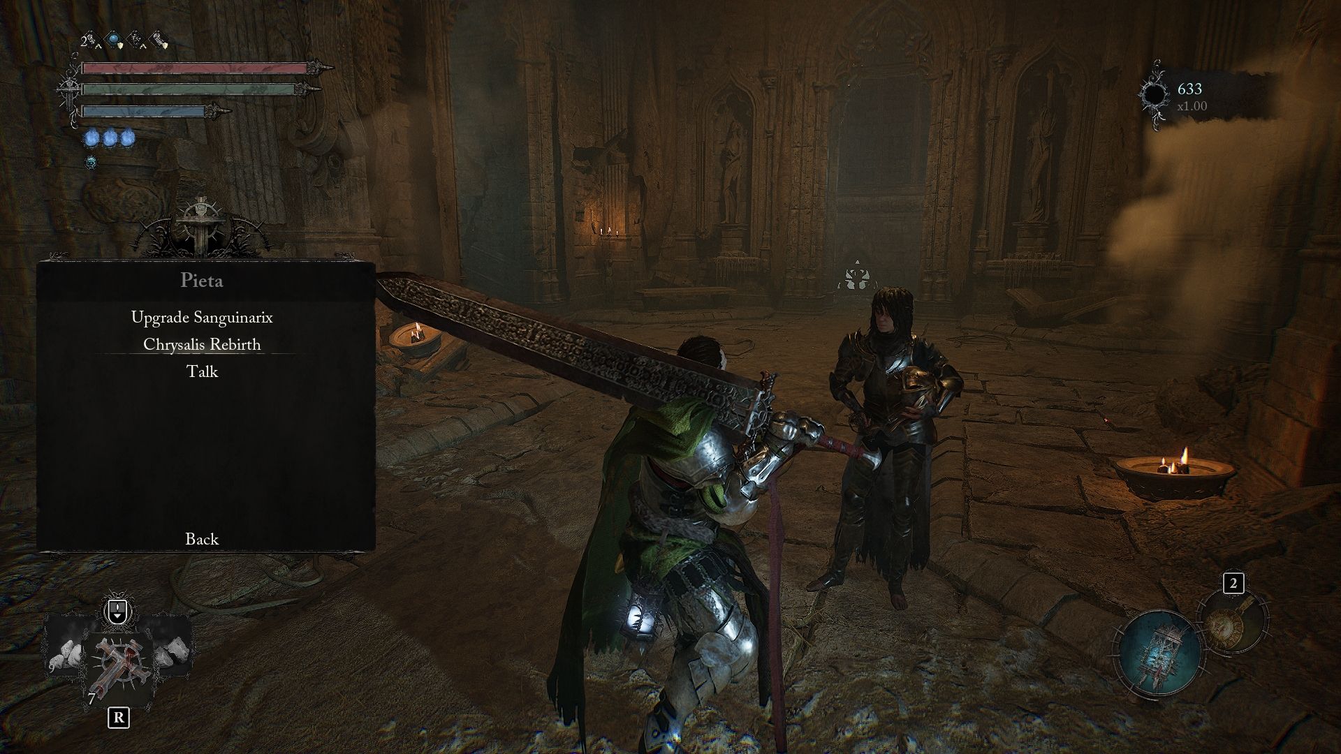 Player standing in front of Pieta with the option to Chrysalis Rebirth Lords of the Fallen