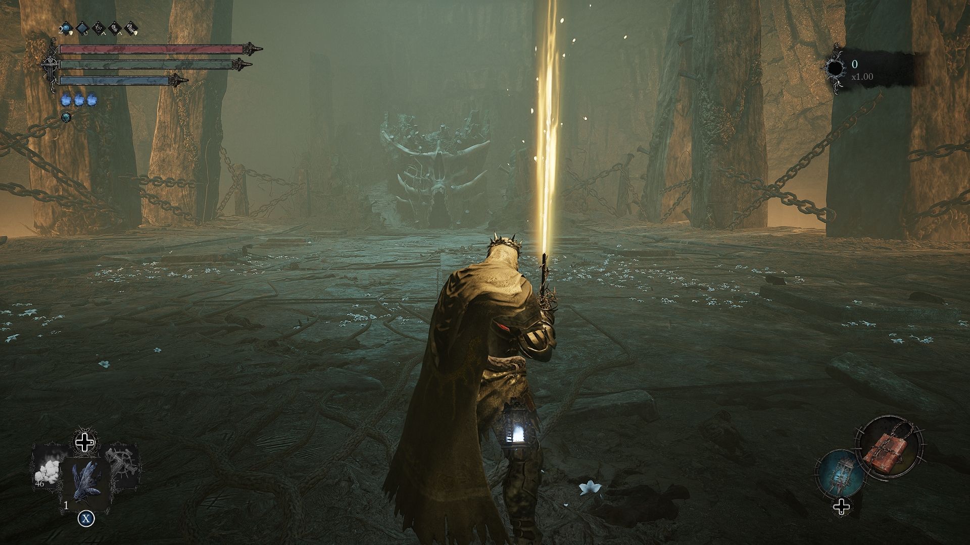 Player standing in the area where you can fight Harrower Dervla, the Pledged Knight Lords of the Fallen 