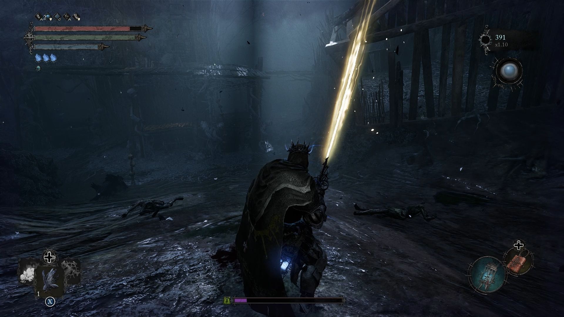 Player standing near a wooden building Lords of the Fallen