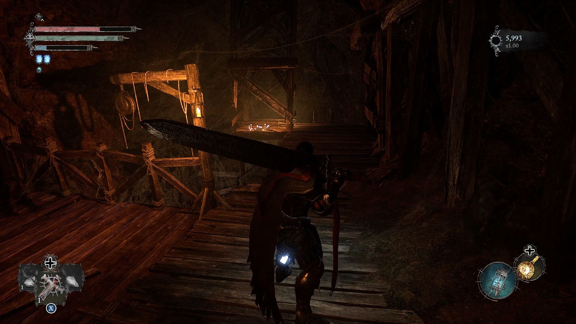 Player standing near an entrance to the left, and a shortcut ladder to the front Lords of the Fallen