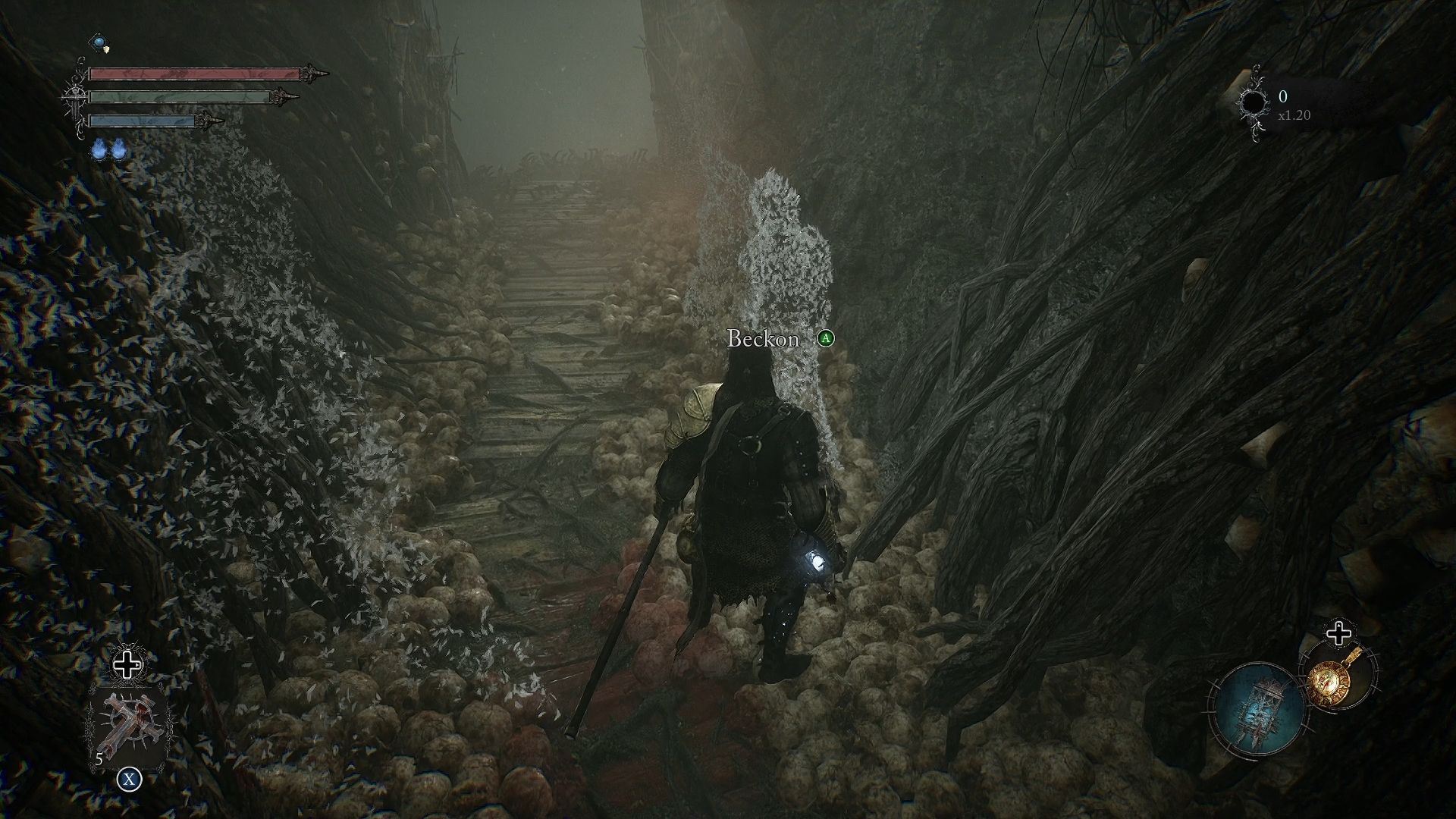 Player standing near an NPC summon option before a boss fight Lords of the Fallen