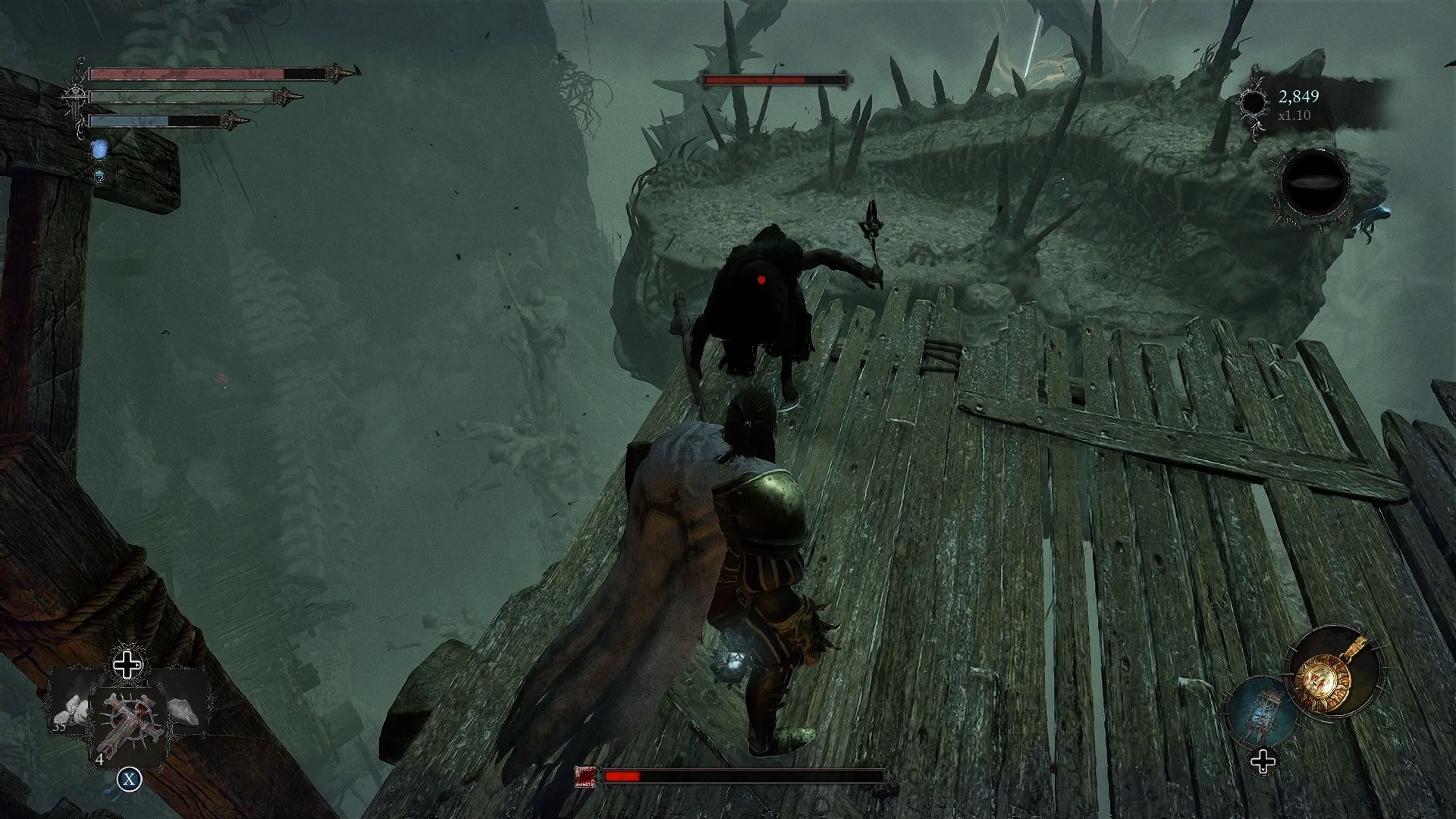 Player standing next to a staggered enemy with a red dot on him Lords of the Fallen