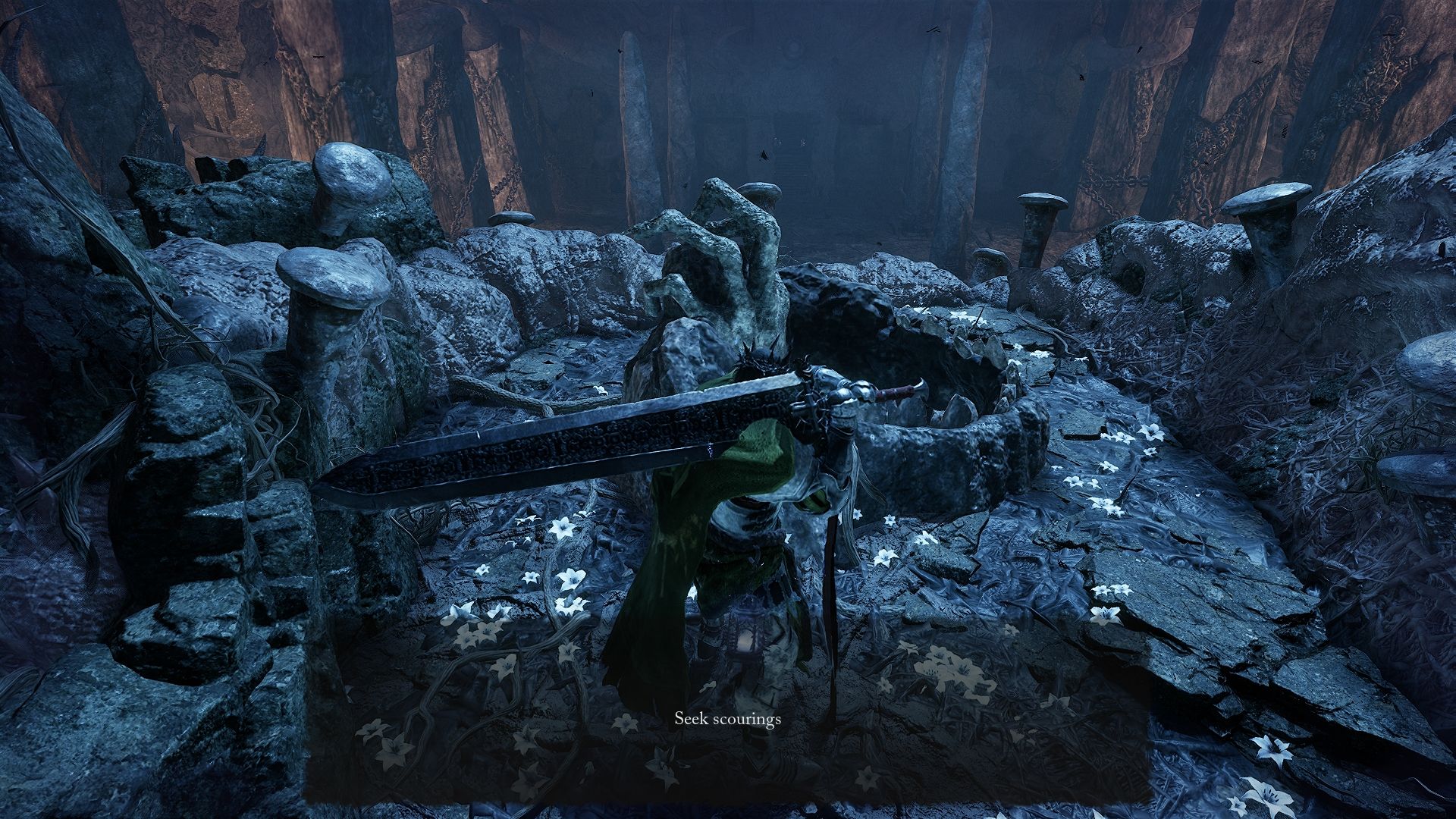 Player standing next to a well with the prompt that reads seek scourings Lords of the Fallen