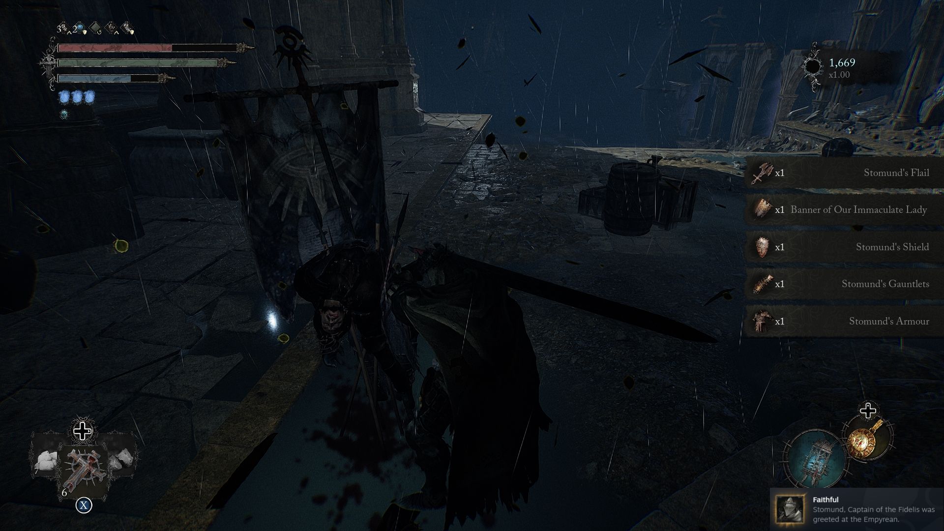 Player standing next to Stomund body in his final location at the Empyrean. This finish his quest and unlock the Faithful trophy/achievement Lords of the Fallen