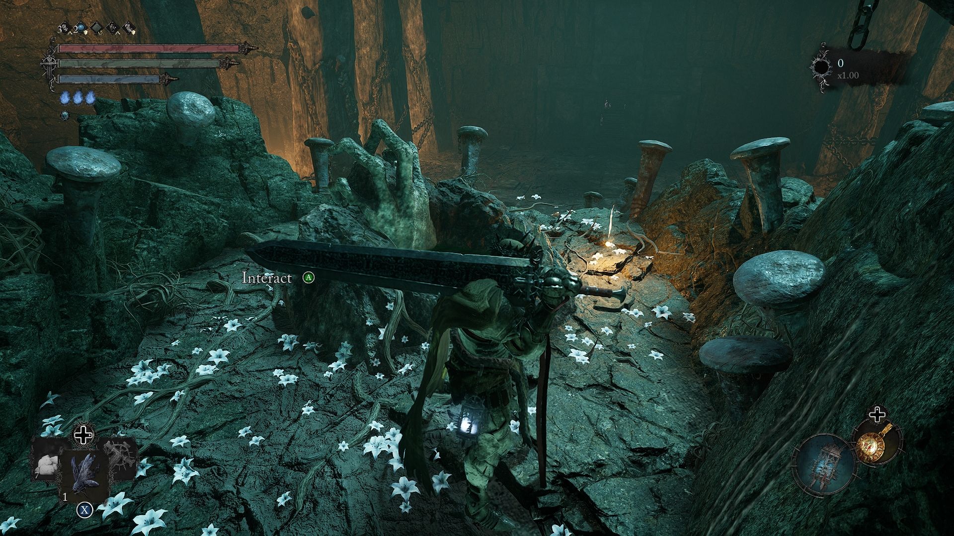 Player standing next to the well that requires Seek Scourings in Lords of the Fallen