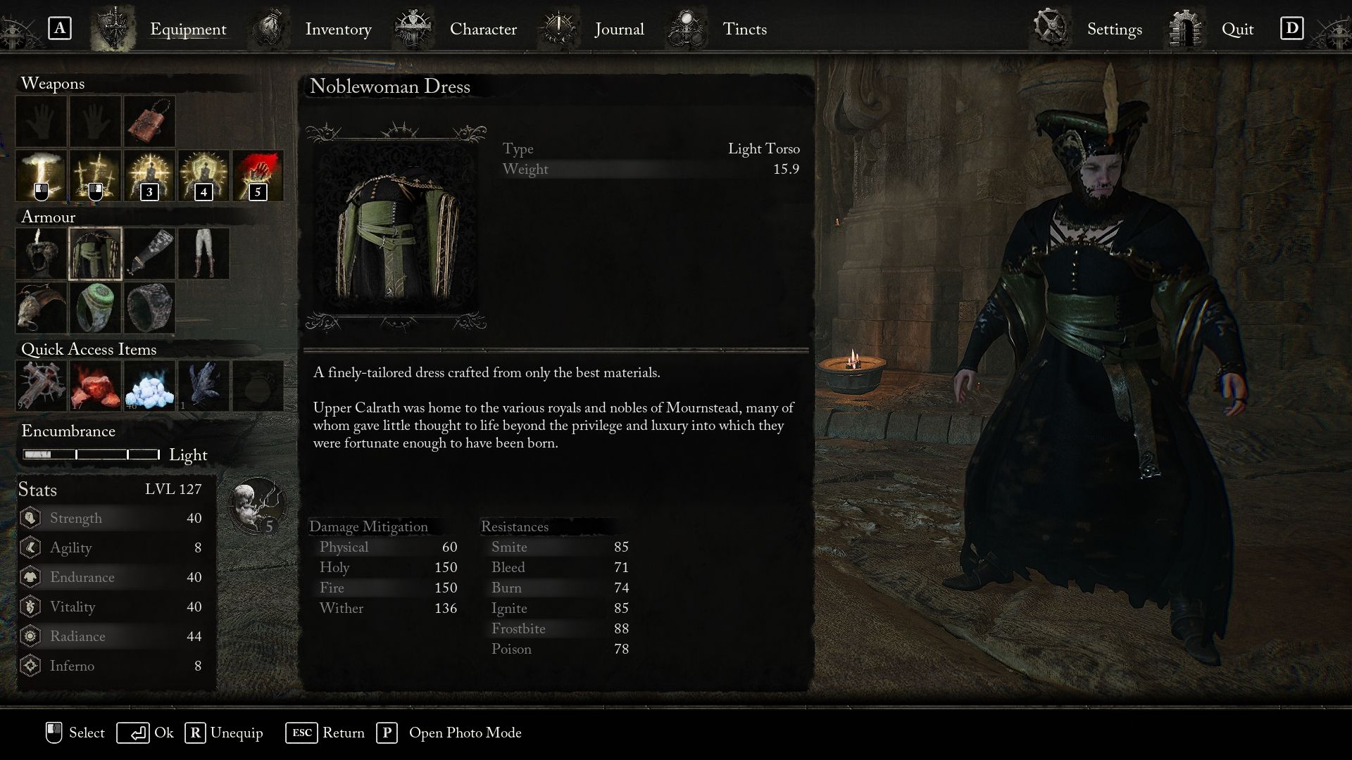Player wearing the Noblewoman set Lords of the Fallen