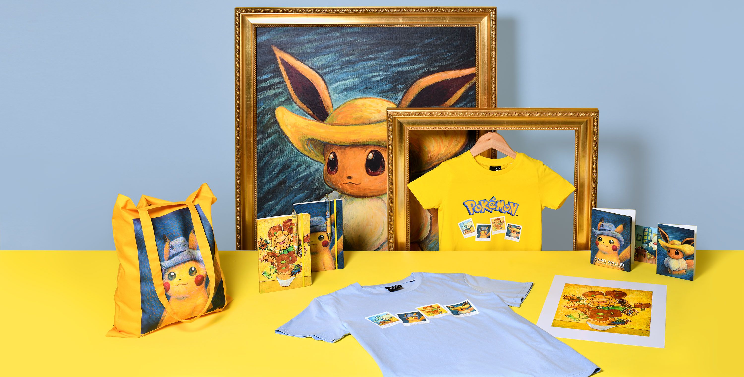 Van Gogh Pokemon products, including Pikachu with a grey felt hat and Eevee with a wide-brim hat.