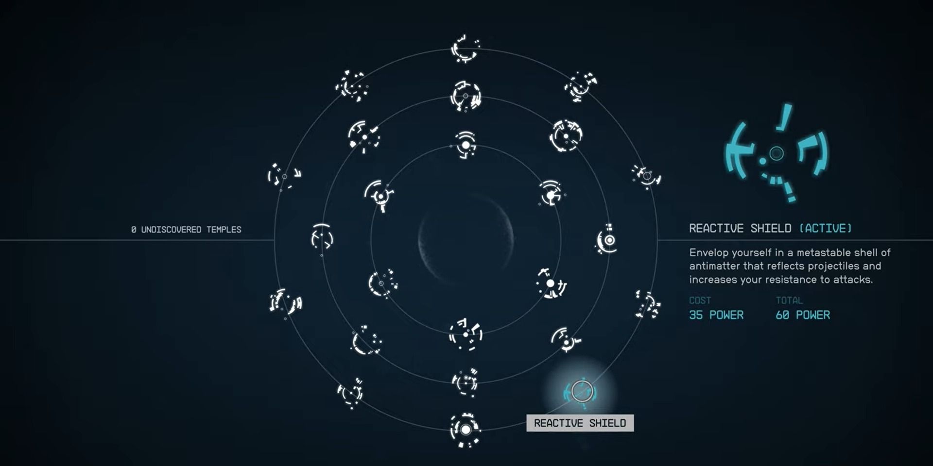 Menu view of Starfield's powers, highlighting Reactive Shield