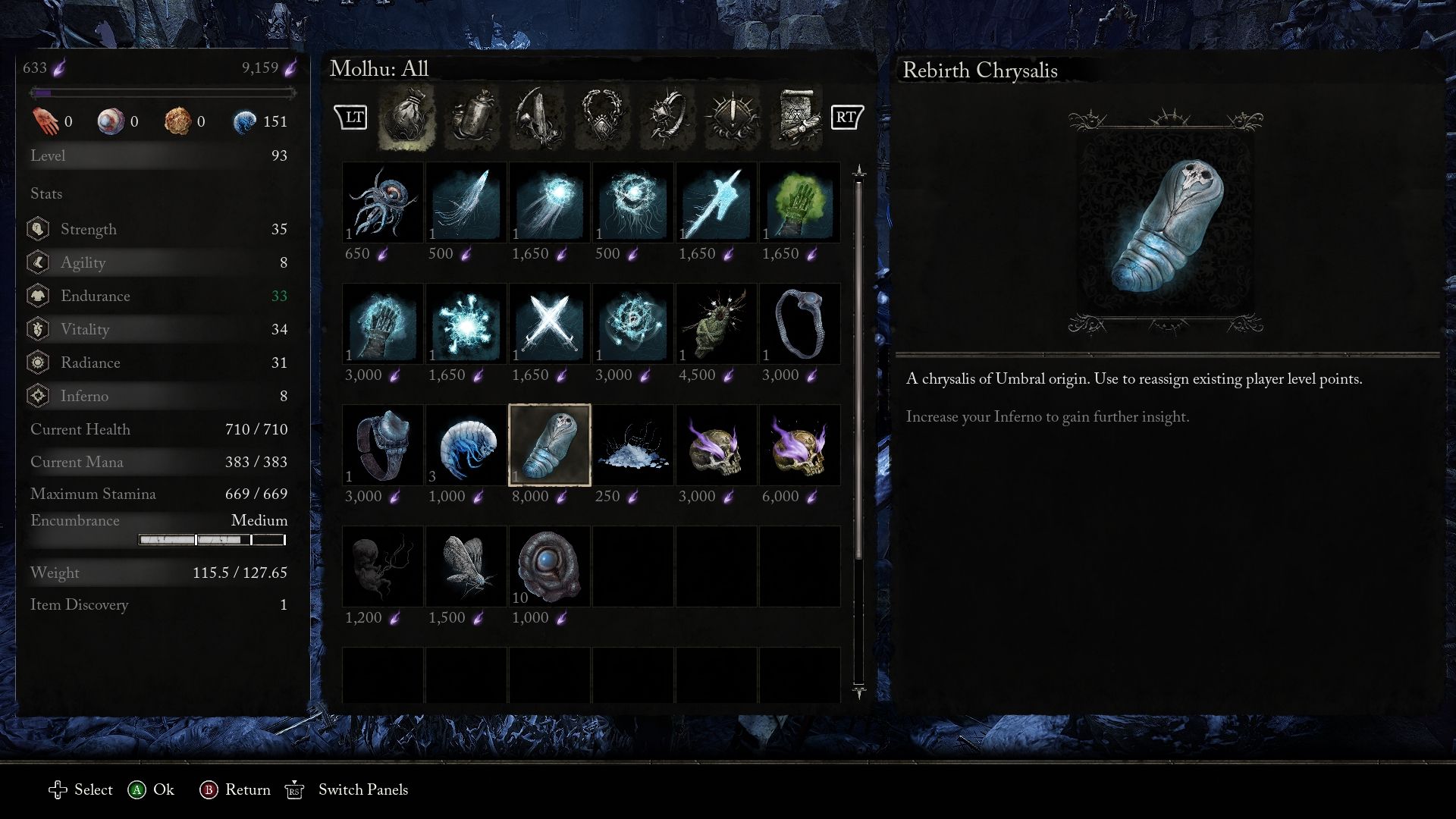 Rebirth Chrysalis at Molhu shop for 8,000 Vigor Lords of the Fallen