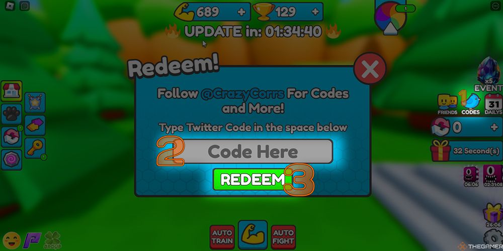 A step-by-step diagram for redeeming promo codes in the Roblox game Deadlift Simulator.