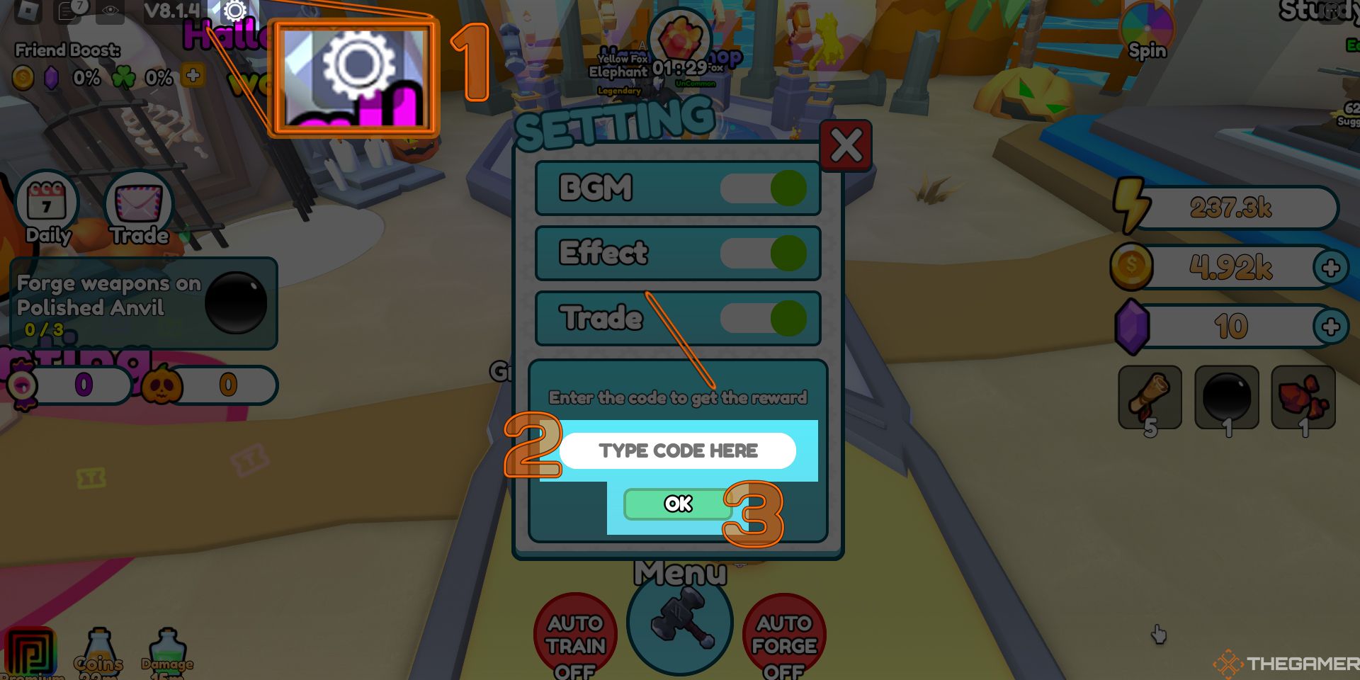 A step-by-step diagram for redeeming codes in Weapon Forge Simulator.