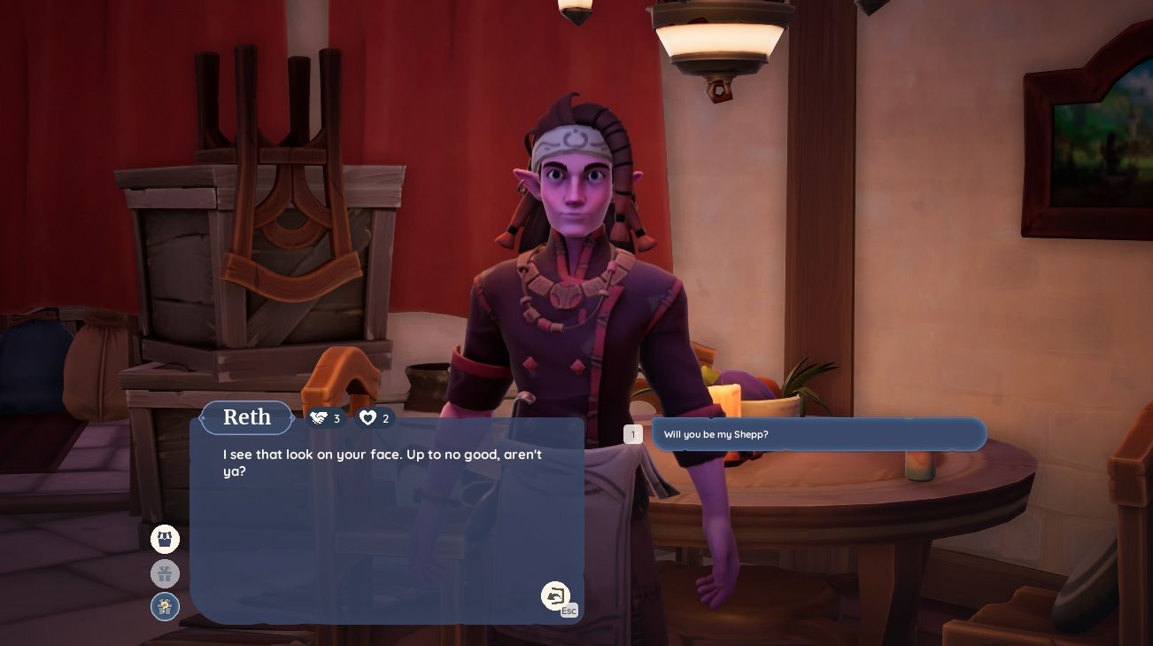 Player character speaking to Reth inside his cluttered storeroom under the inn during the night in Palia.