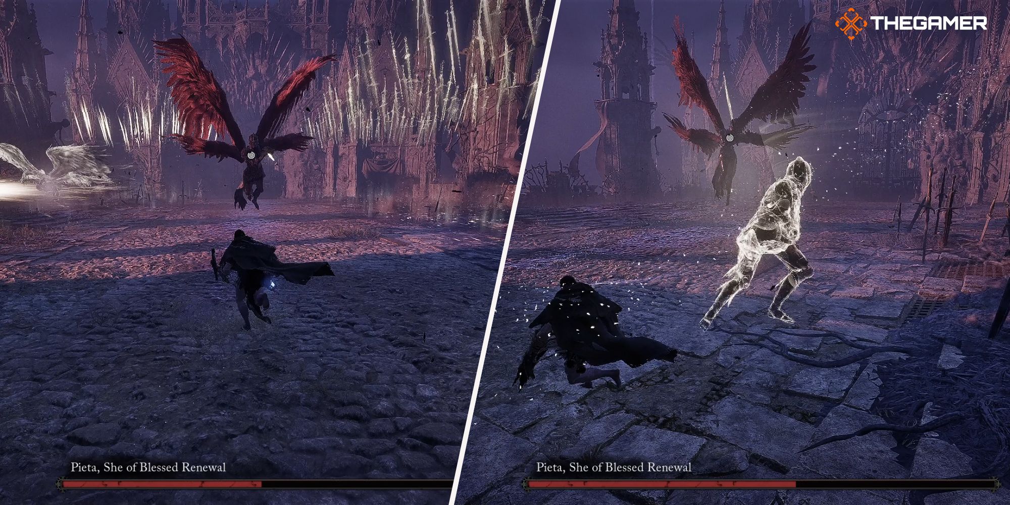 Right: Pieta summoned a specter for a melee combo - Left: Pieta summoned two specter that left a trail of falling swords Lords of the Fallen