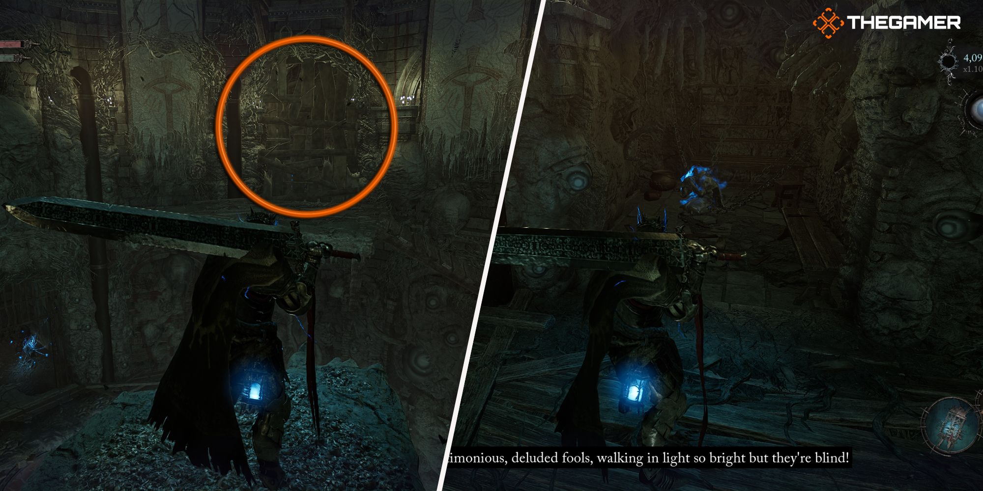 Right: Player standing next to a Stigma - Left: A circular marking surrounds the door that provides access to the Stigma, which is associated with the Perception Wisp in Lords of the Fallen