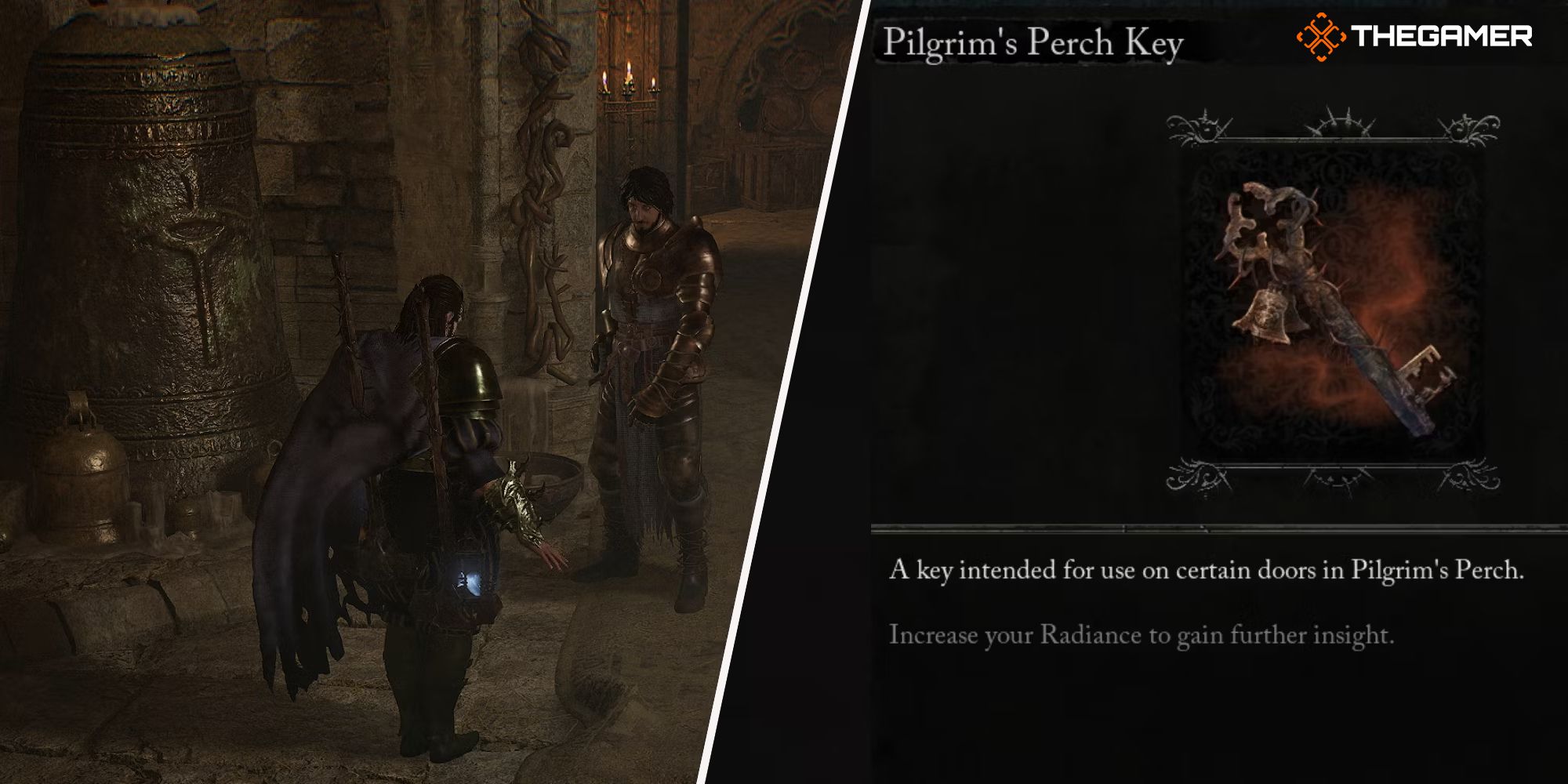 Right: The Pilgrim's Perch Key item description - Left: Player standing in front of Stomund Lords of the Fallen