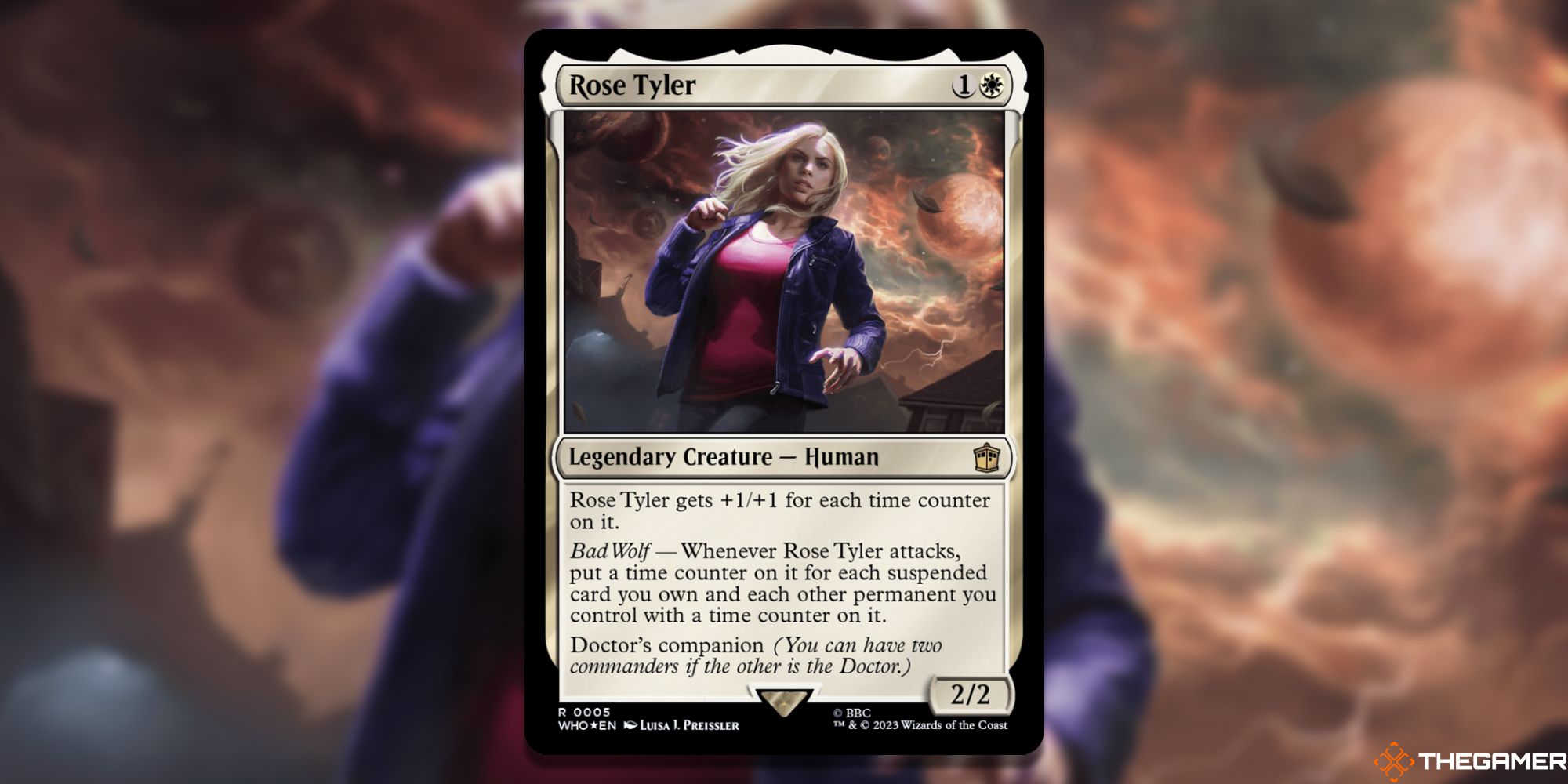 Image of the Rose Tyler card in Magic: The Gathering, with art by Luisa J. Preissler