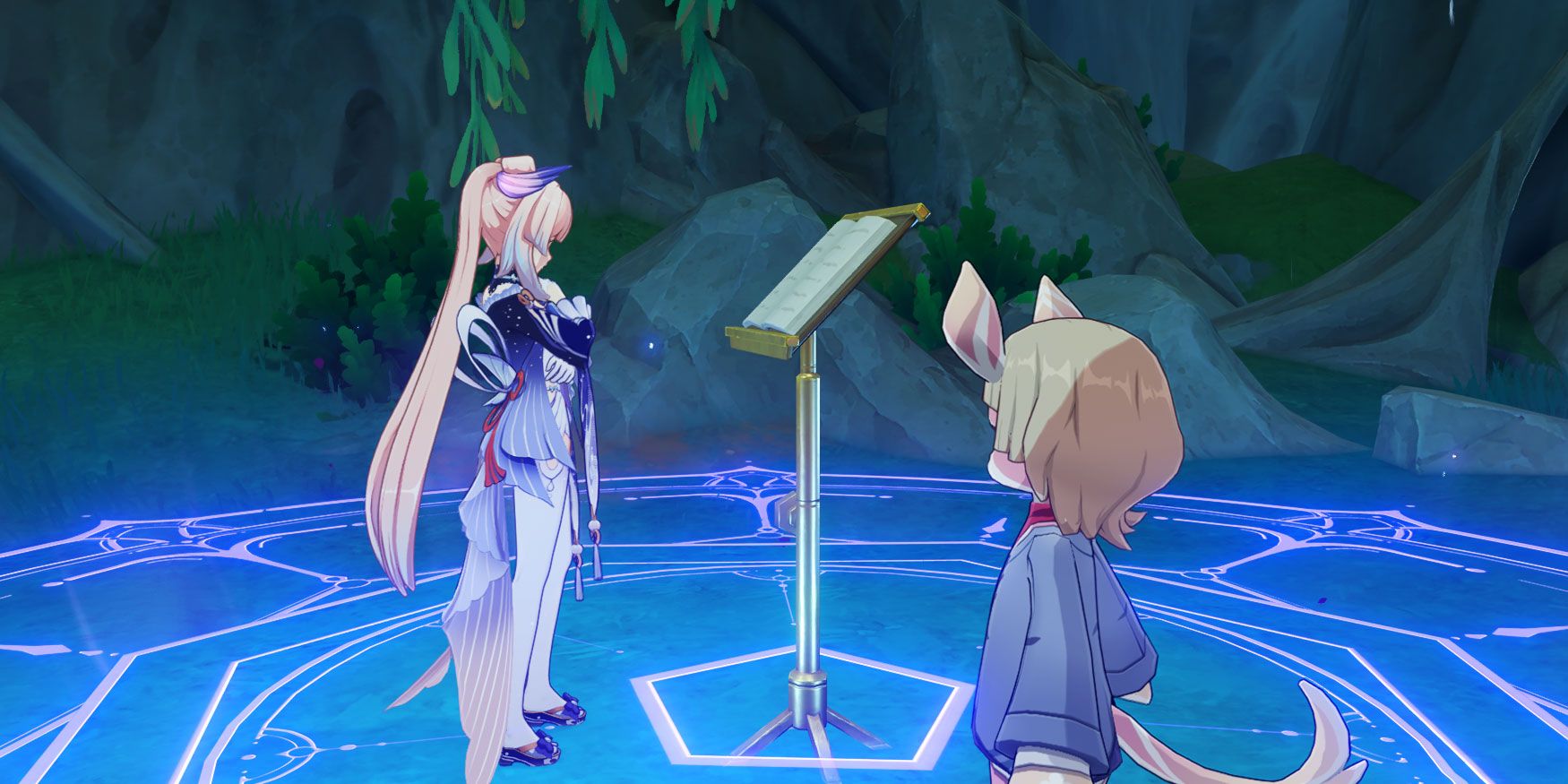 Sangonomiya Kokomi standing in front of the Book of Esoteric Revelations with Canotila in Genshin Impact