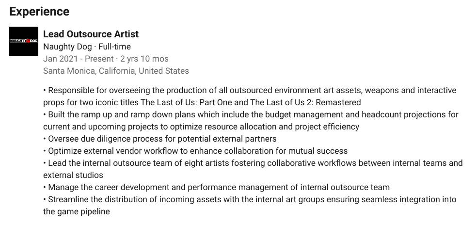 A Naughty Dog employee's LinkedIn profile confirming The Last of Us Part 2: Remastered.