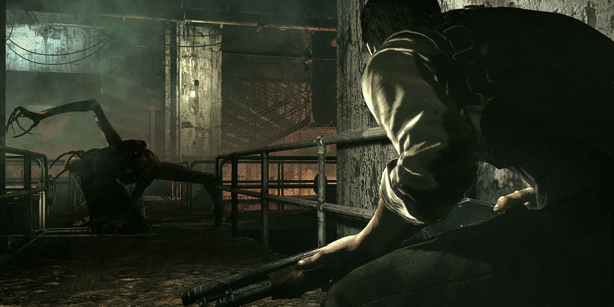 Sebastian crouches on the floor while looking at a monster in the evil within
