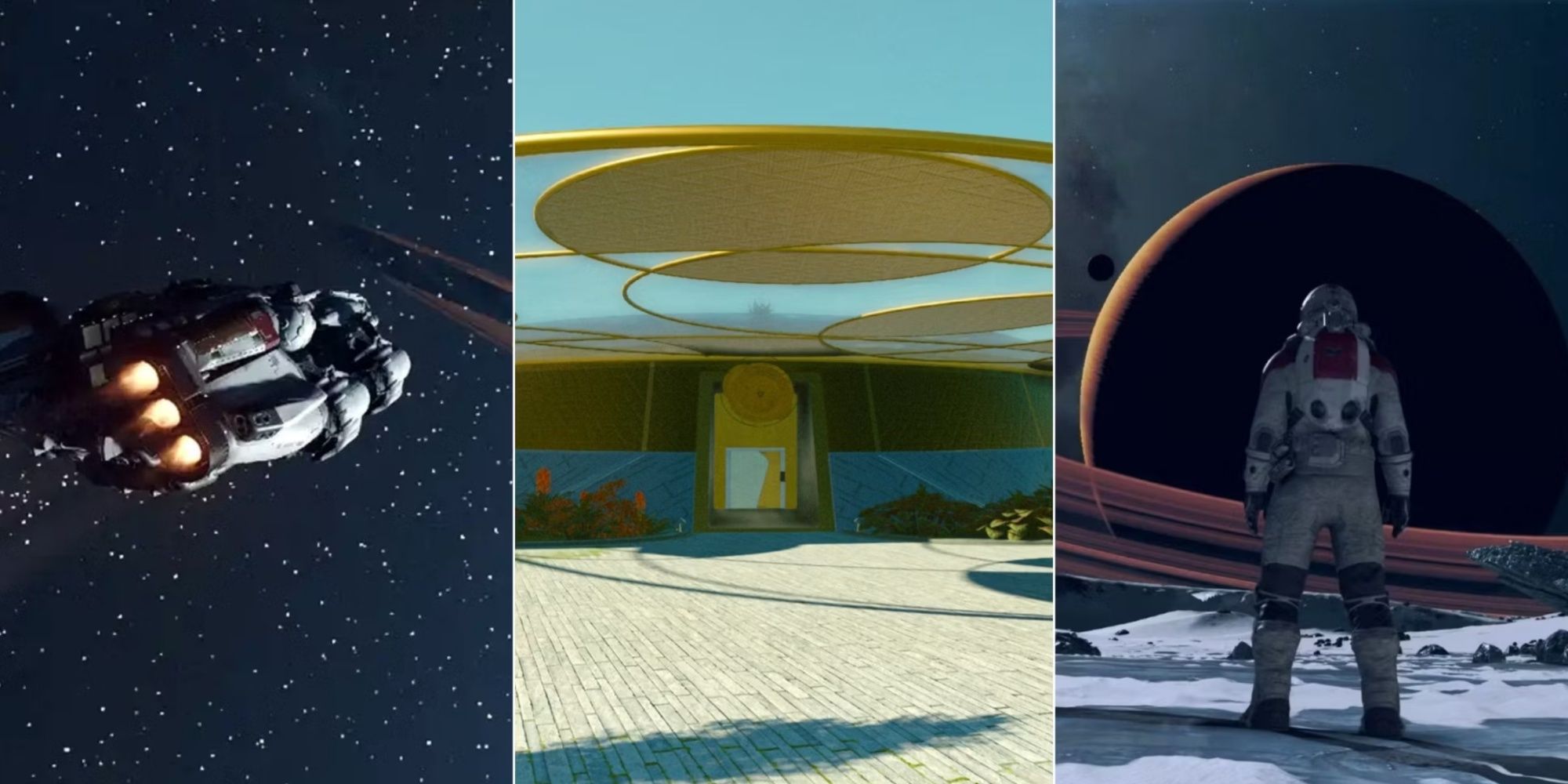 Ship with Grav Drive left, Sanctum Universal middle, player standing on the moon right