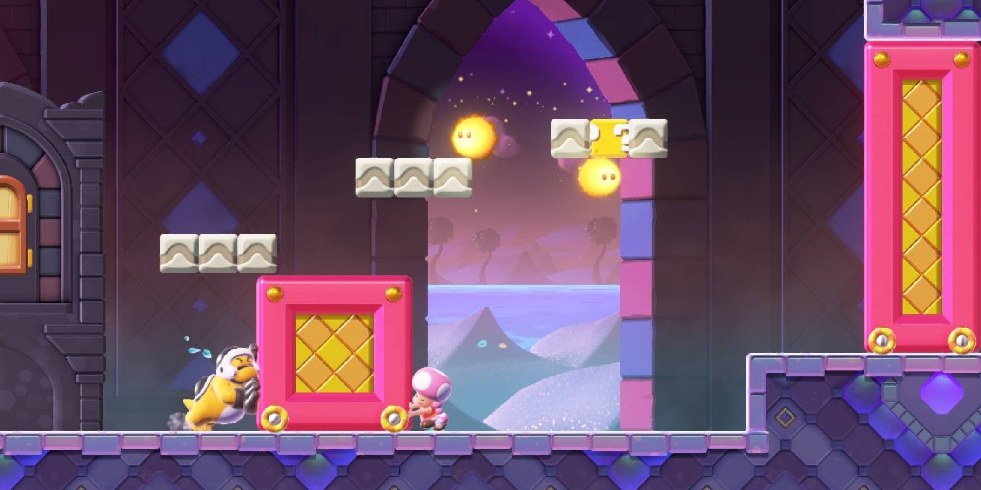 super mario wonder toadette pushing against a shova