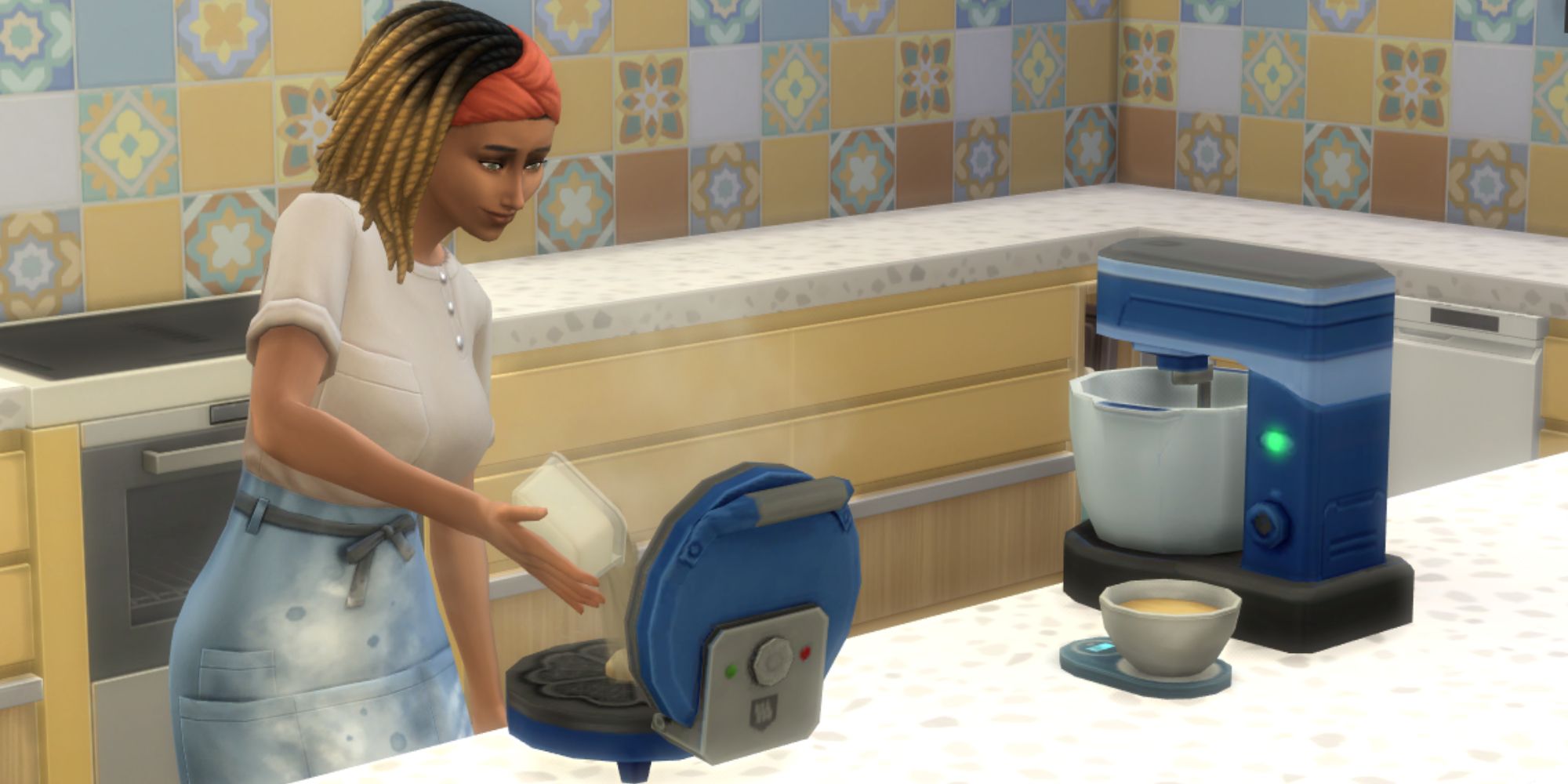 Sims 4 HCH close up of sim using waffle maker