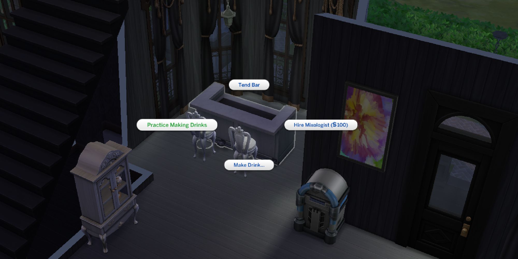 sims 4 practice making drinks option shown on bar