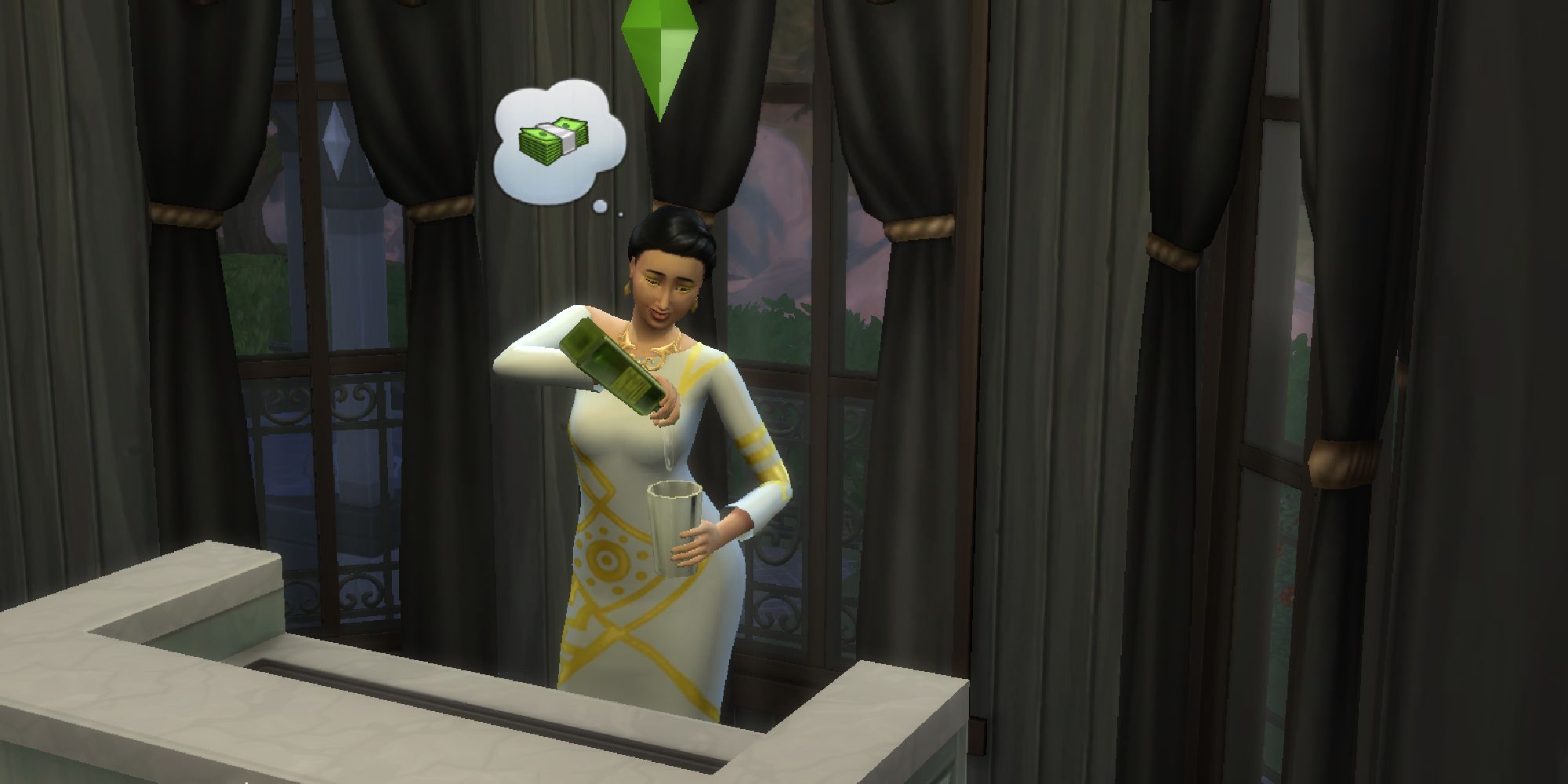 sims 4 sim making a drink while thinking about moeny