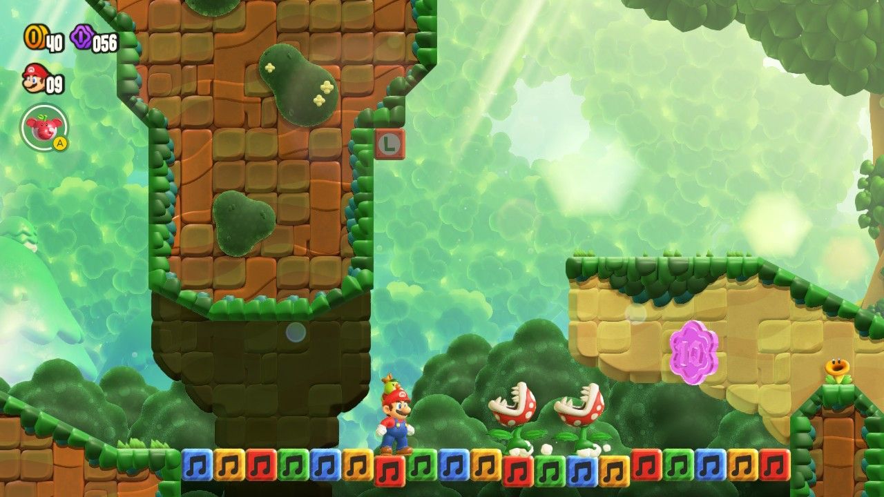 Two piranha plants running towards Mario with a purple 10-flower coin behind them.