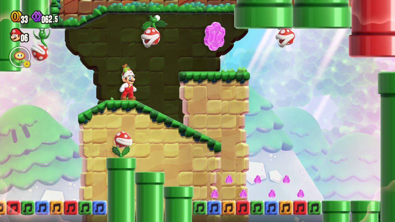 Fire Mario standing on a platform with a piranha plant running across the ceiling. There is a 10-flower purple coin on the next platform.
