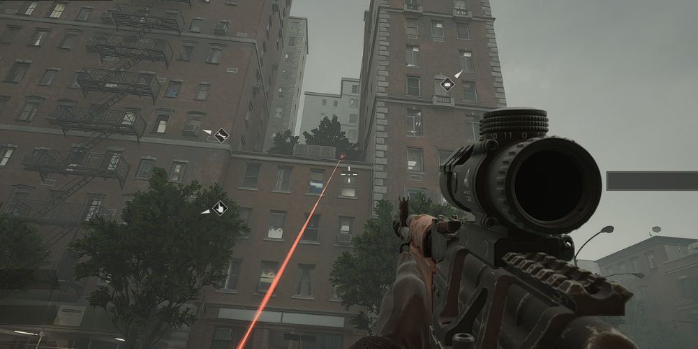 A Sniper's Laser Trains On The Player Looking Up At Them in Payday 3