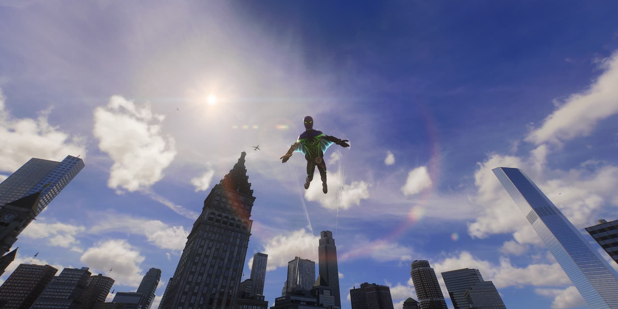 Miles soars above the Financial District with his web wings in Spider-Man 2.