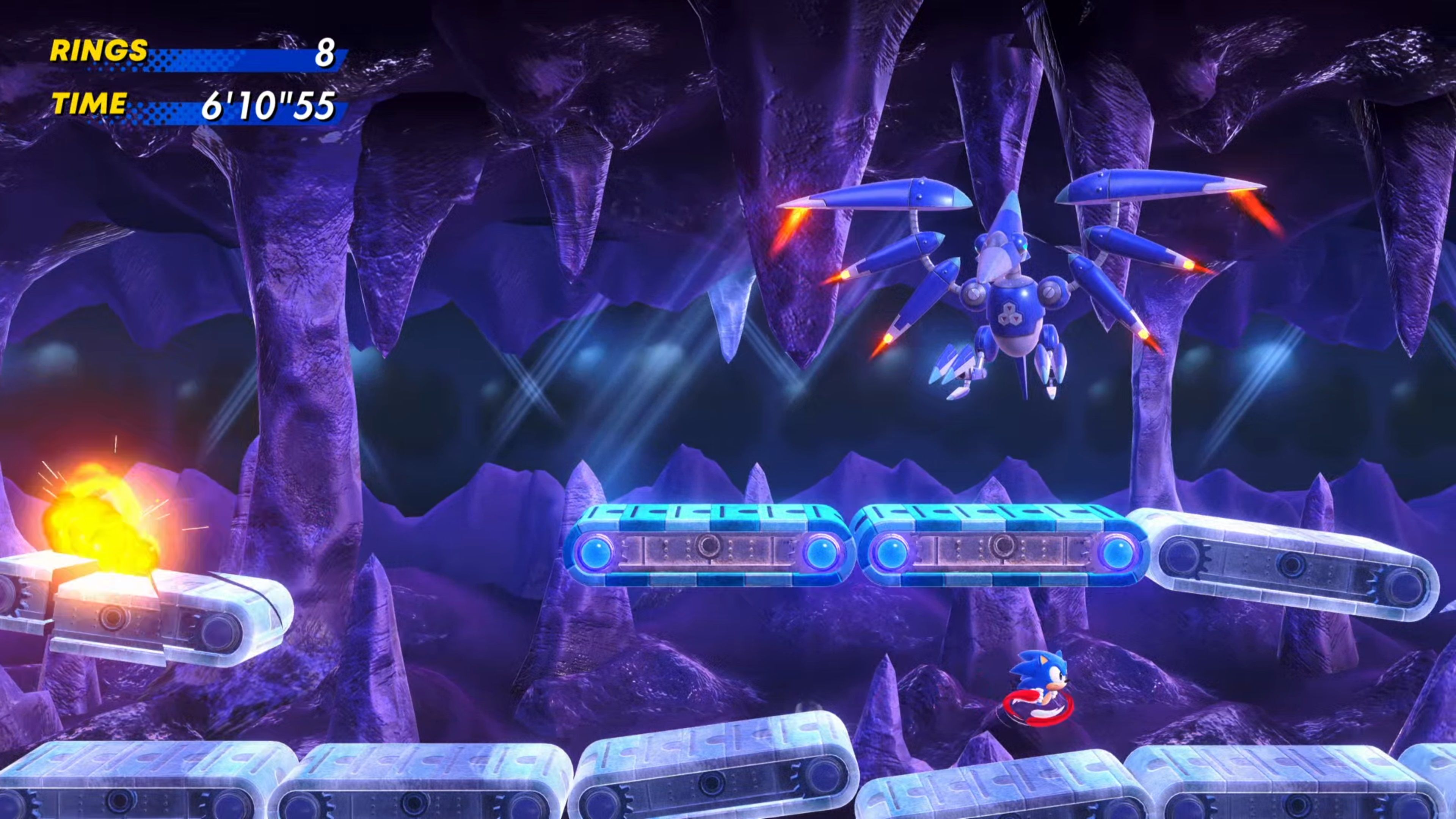 Sonic approaching the Pterodactyl Boss in the Frozen Base Stage of Sonic Superstars