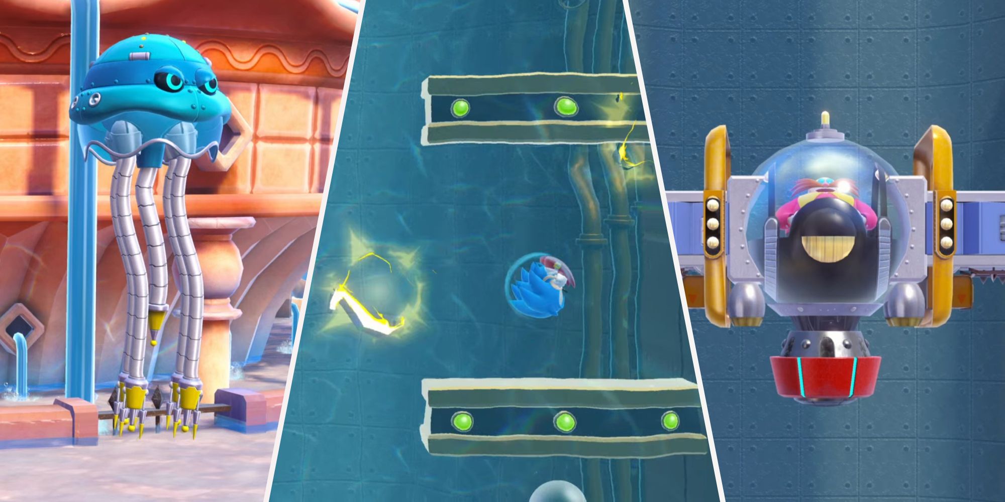 A collage of images showcasing Sonic battling against the Jellyfish and Doctor Robotnic bosses in the Lagoon City Stage of Sonic Superstars